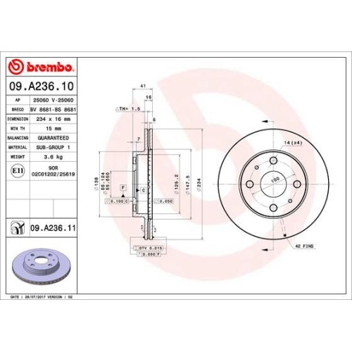 09.A236.11 BREMSSCHEIBE BREMBO VA  VP2 - ATU