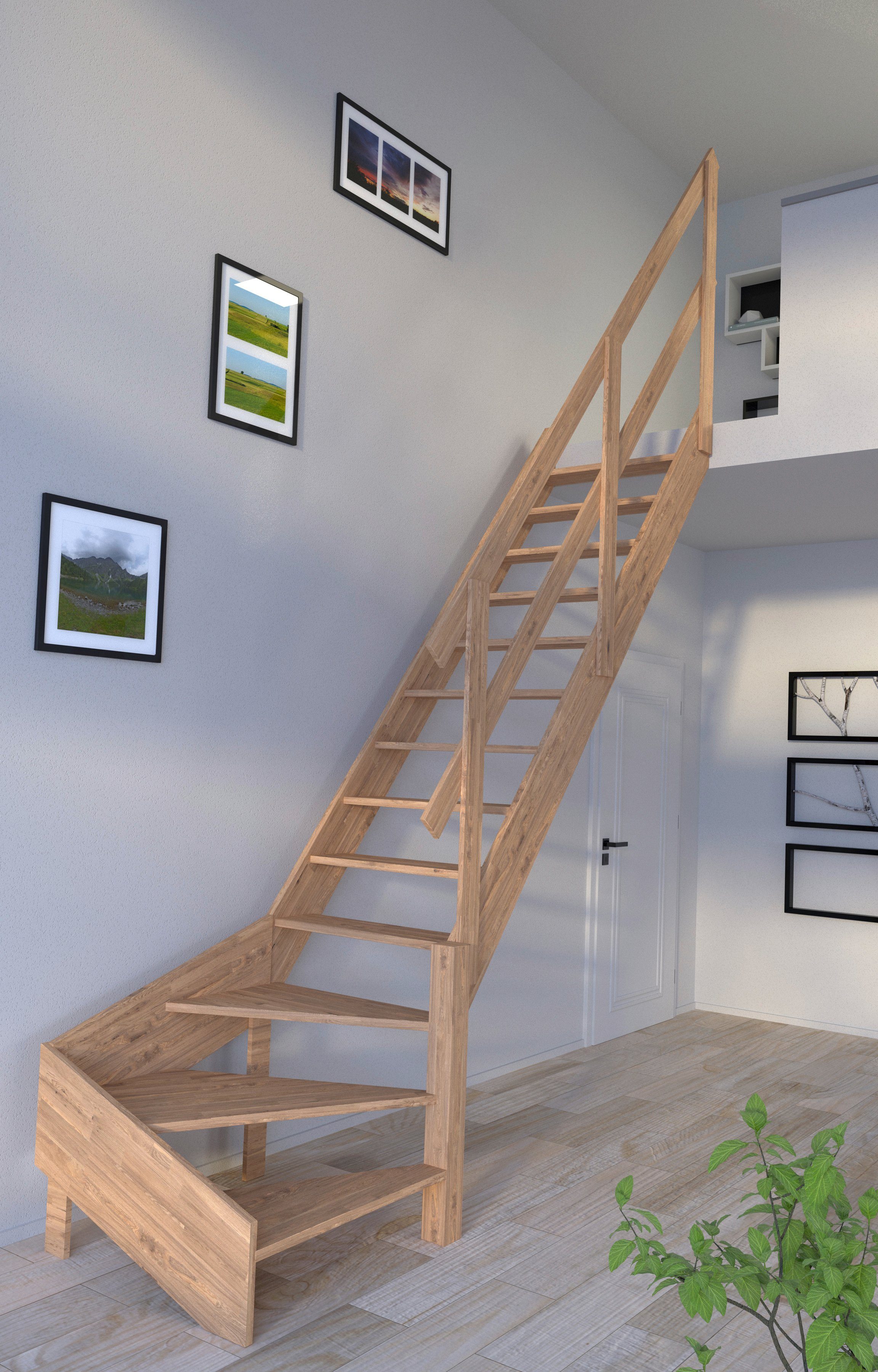 Starwood Raumspartreppe Massivholz Rhodos, Holzgeländer, für Geschosshöhen bis 300 cm, Stufen offen, gewendelt Rechts, Durchgehende Wangenteile