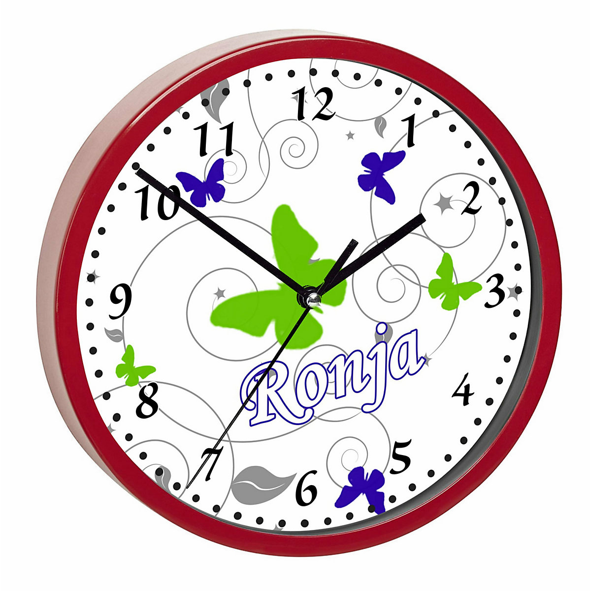 Kinder Wanduhr laufruhig personalisiert mit Name Schmetterling Blau Grün