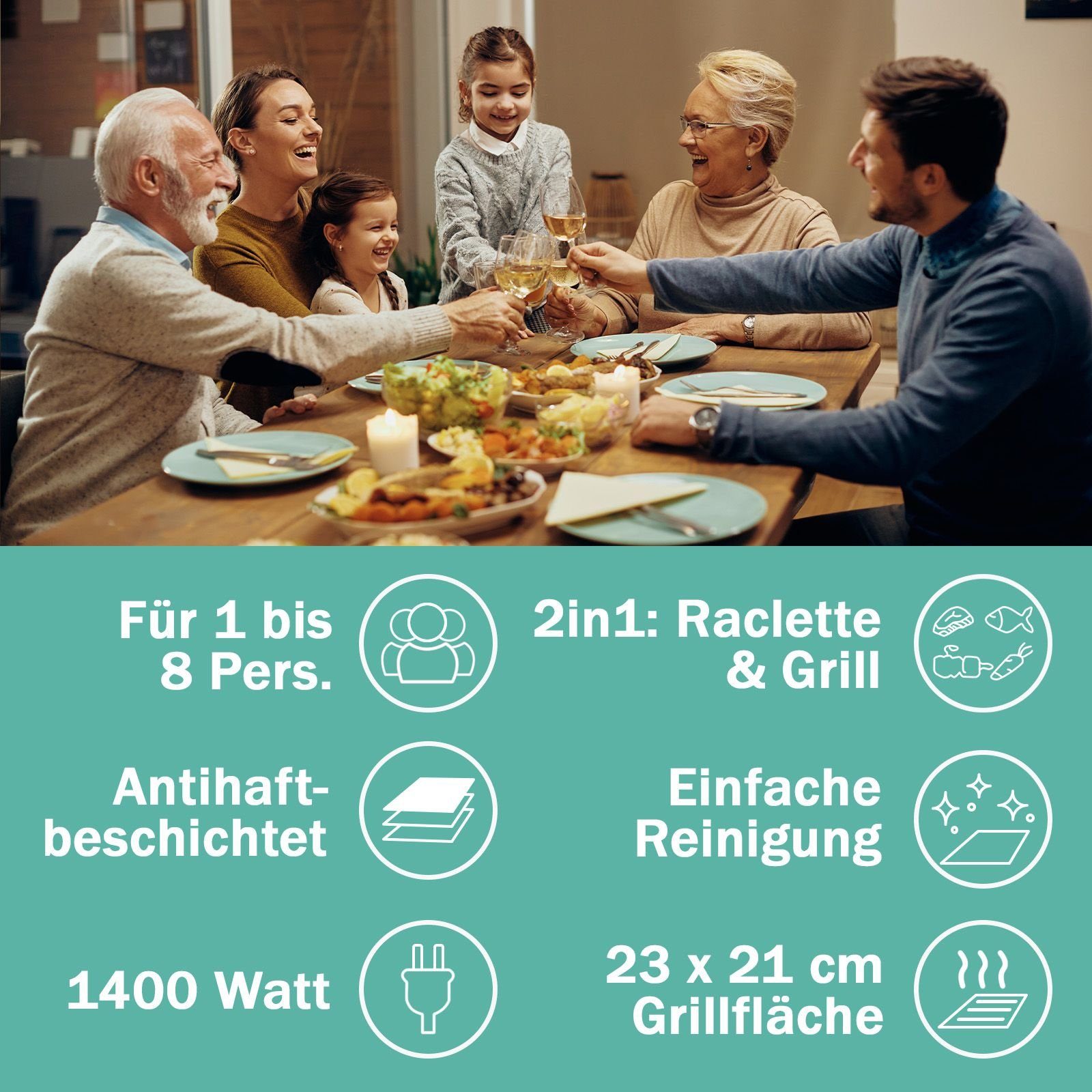 bmf-versand Raclette Raclette 8 Personen Tischgrill Elektrogrill Heißer Stein Thermostat, 8 Raclettepfännchen, 1400,00 W, Einstellbarer Thermostat, Antihaftbeschichtung, Umfangreiches Zubehör