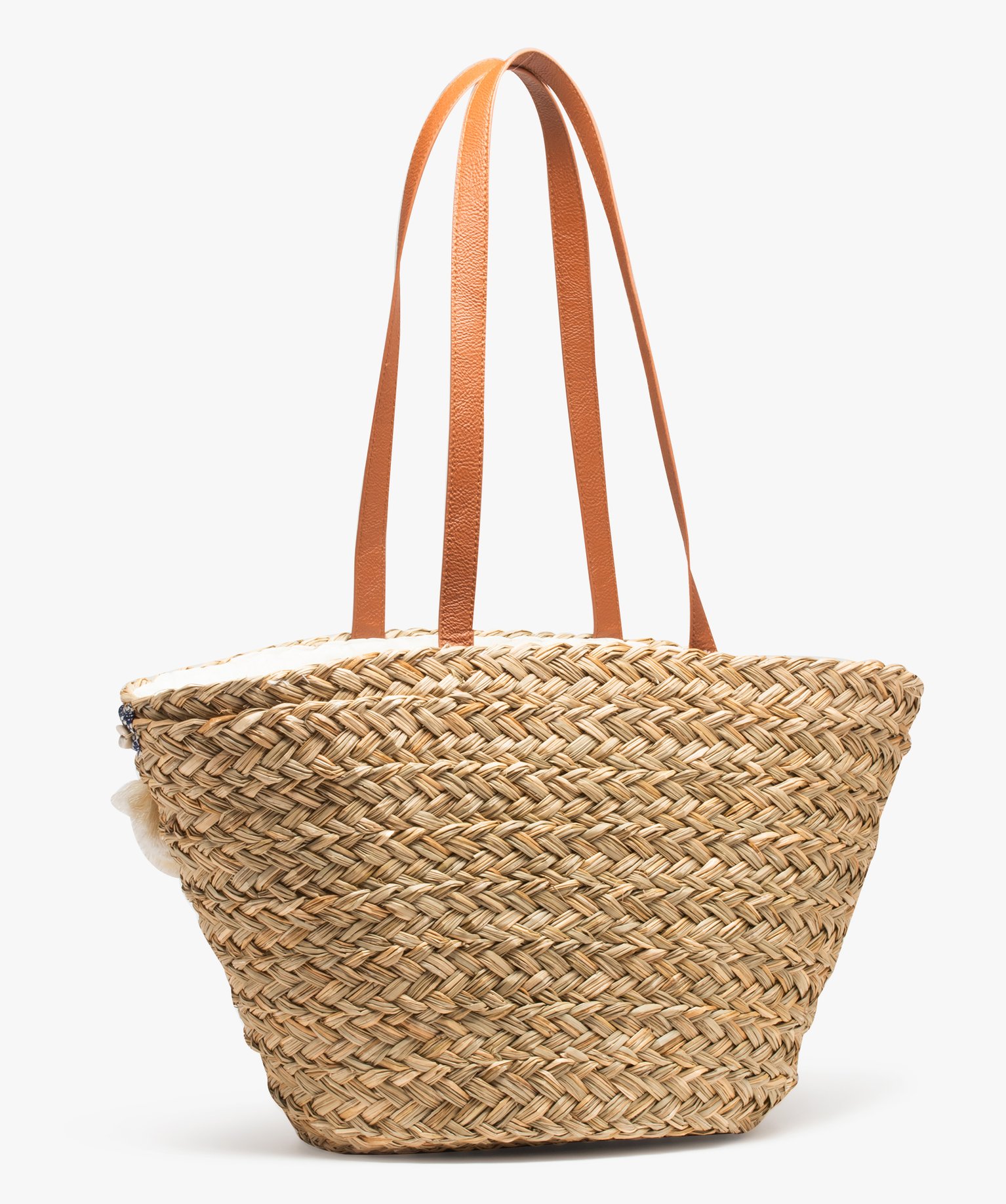 Sac de plage femme en paille avec pompons et coquillages beige | GEMO
