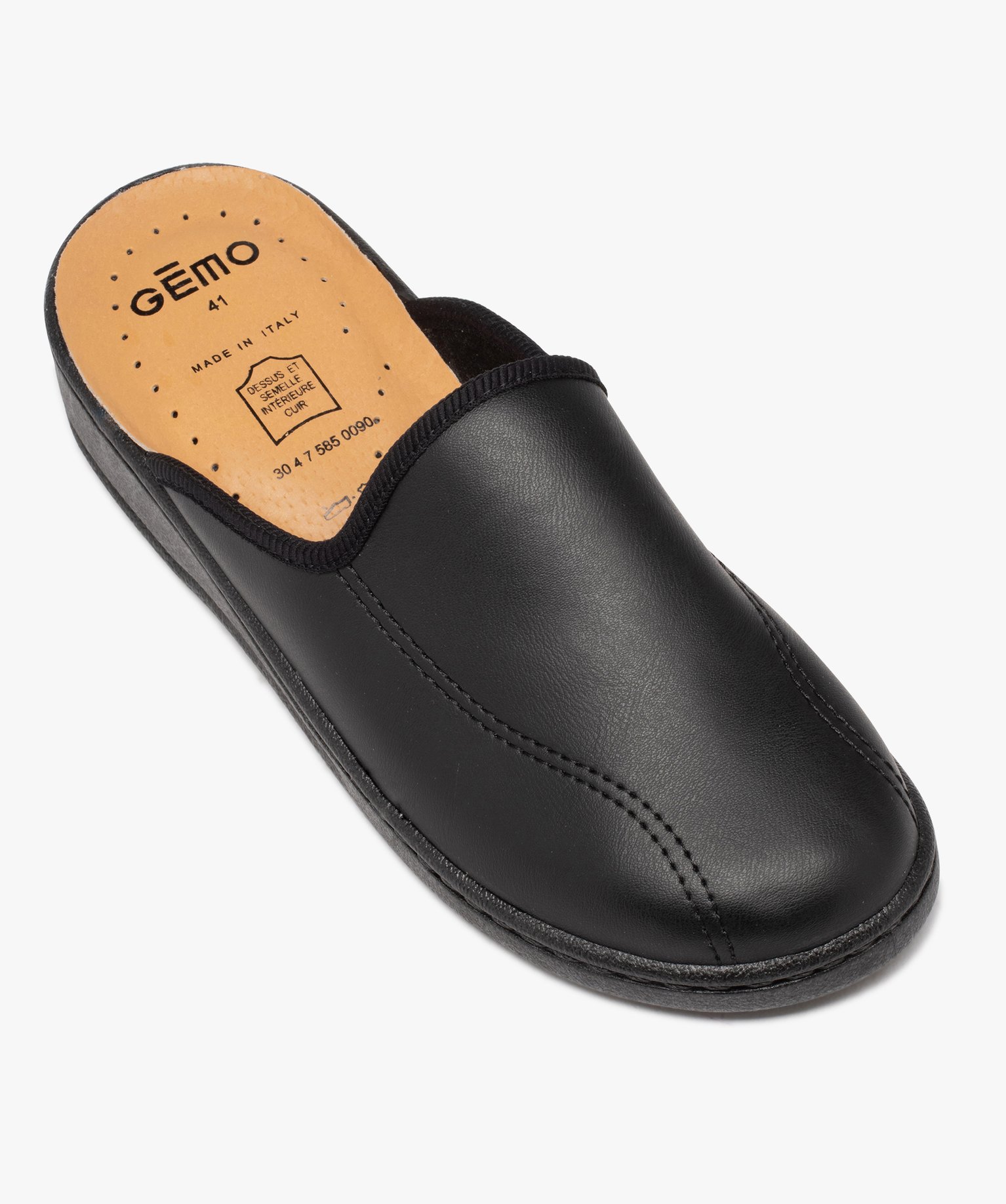 Chaussons homme mules en cuir uni noir | GEMO