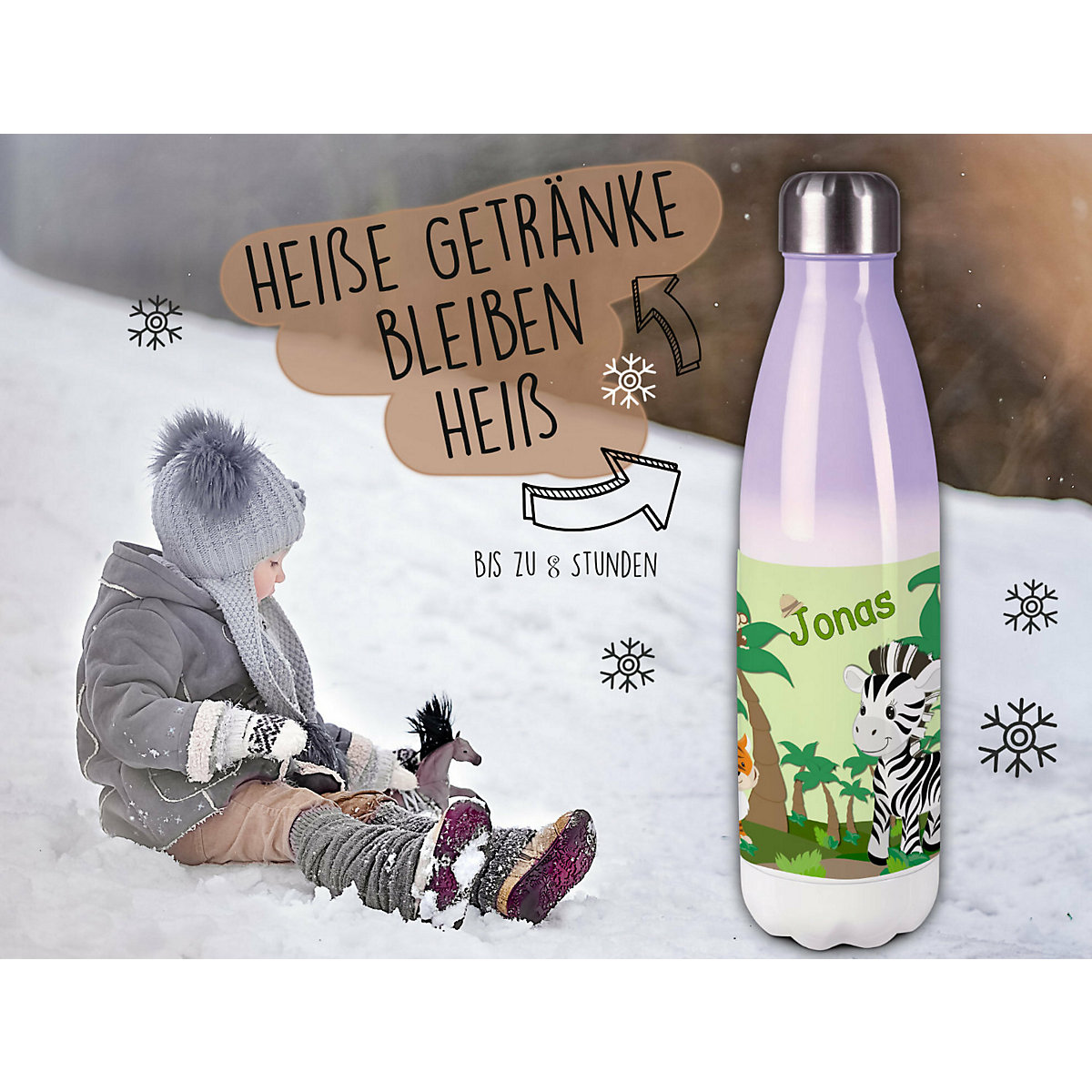Edelstahl Kinder Thermoflasche / Trinkflasche bunt Safari-Zebra Spülmaschinenfest, Auslaufsicher, Bruchfest, Doppelwandig, Für Heißgetränke geeignet, Mit Deckel, Isoliert