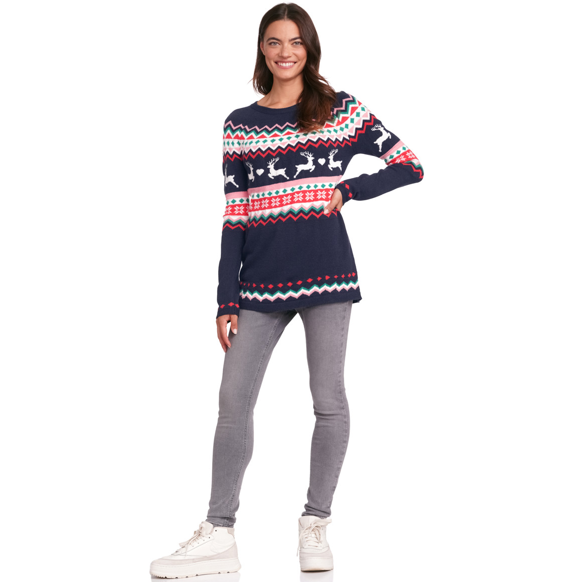 Damen Weihnachtspullover im Norweger-Look dunkelblau / weiss / rot