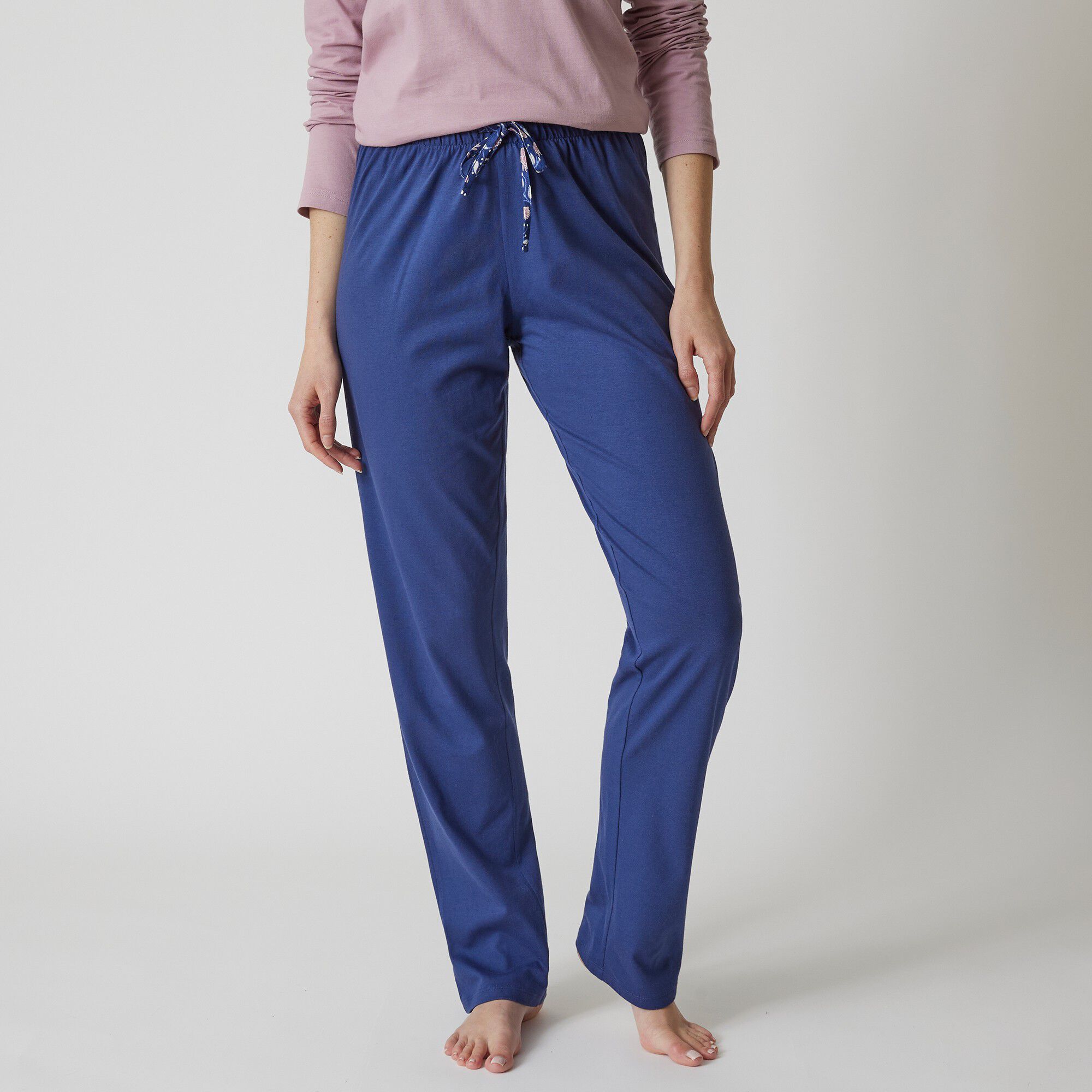 Pantalon pyjama coton uni avec noeud imprimé floral