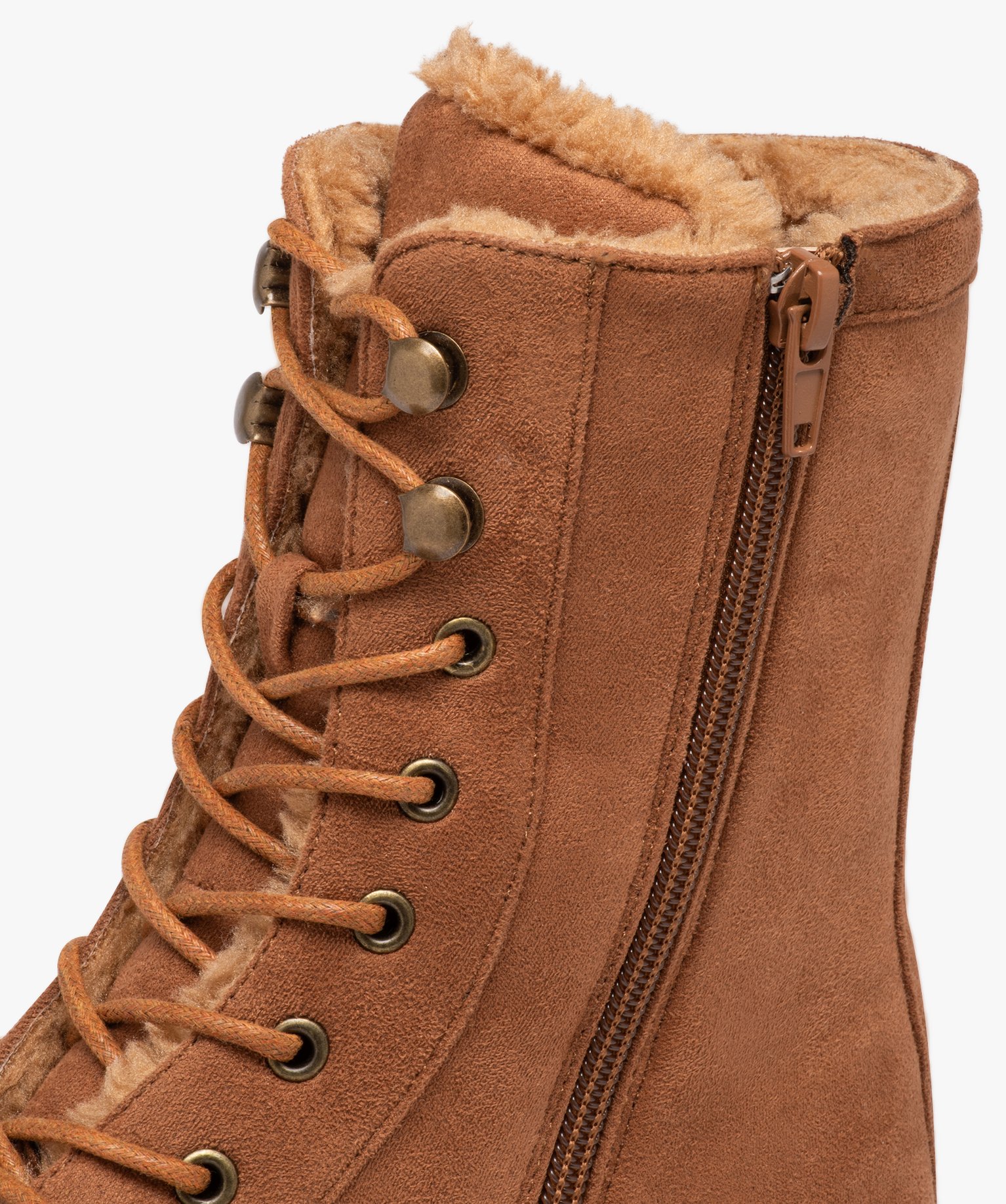 Boots fourrées femme unies en suédine à talon large et à... camel | GEMO