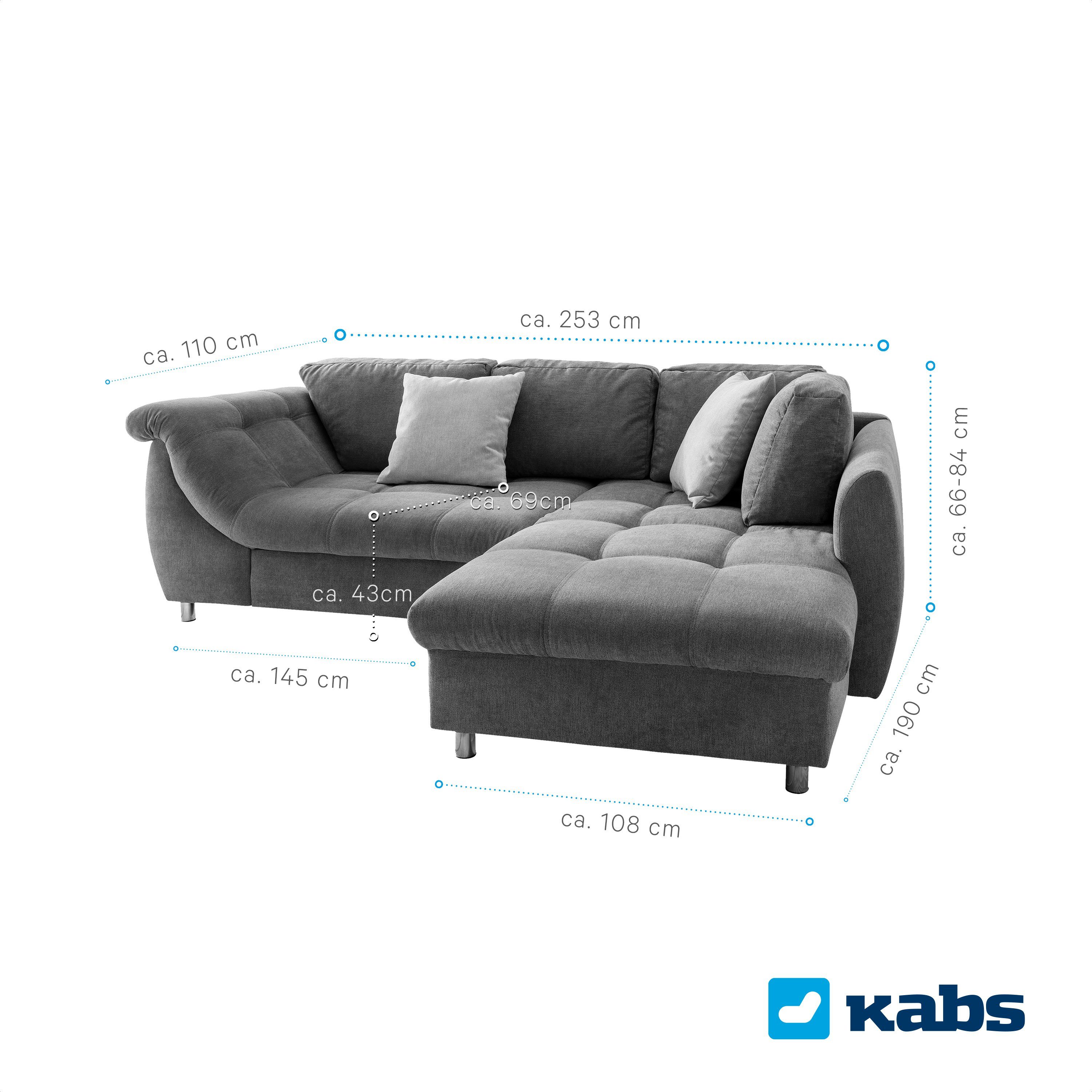 Kabs Polsterwelt Ecksofa Brunson, Schlaffunktion, Zierkissen, Maße: B x H x T: ca. 253 x 84 x 190 cm