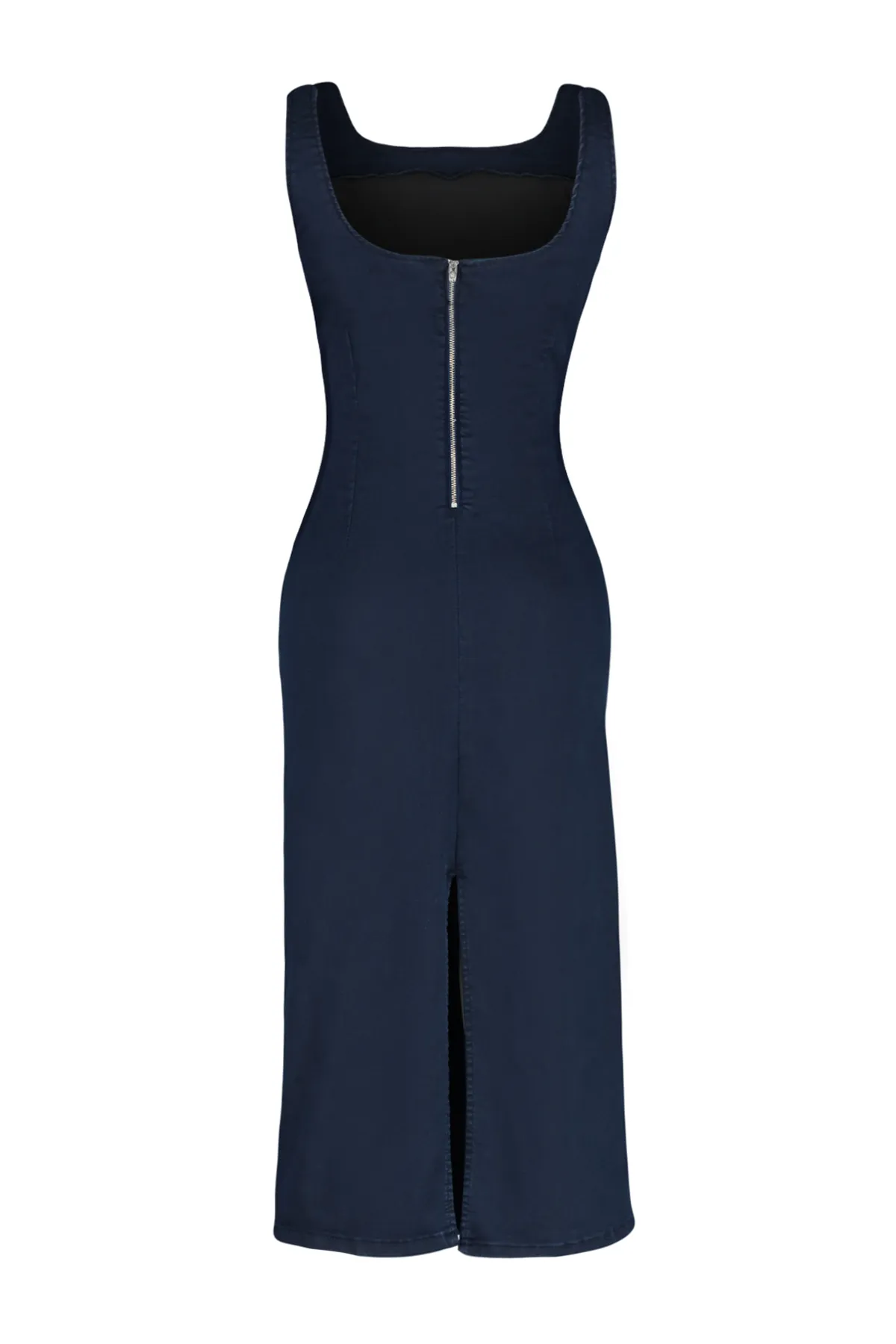 Trendyol Collection  Dunkelblaues Denim-Midikleid mit detaillierten Nähten TWOSS24EL00380