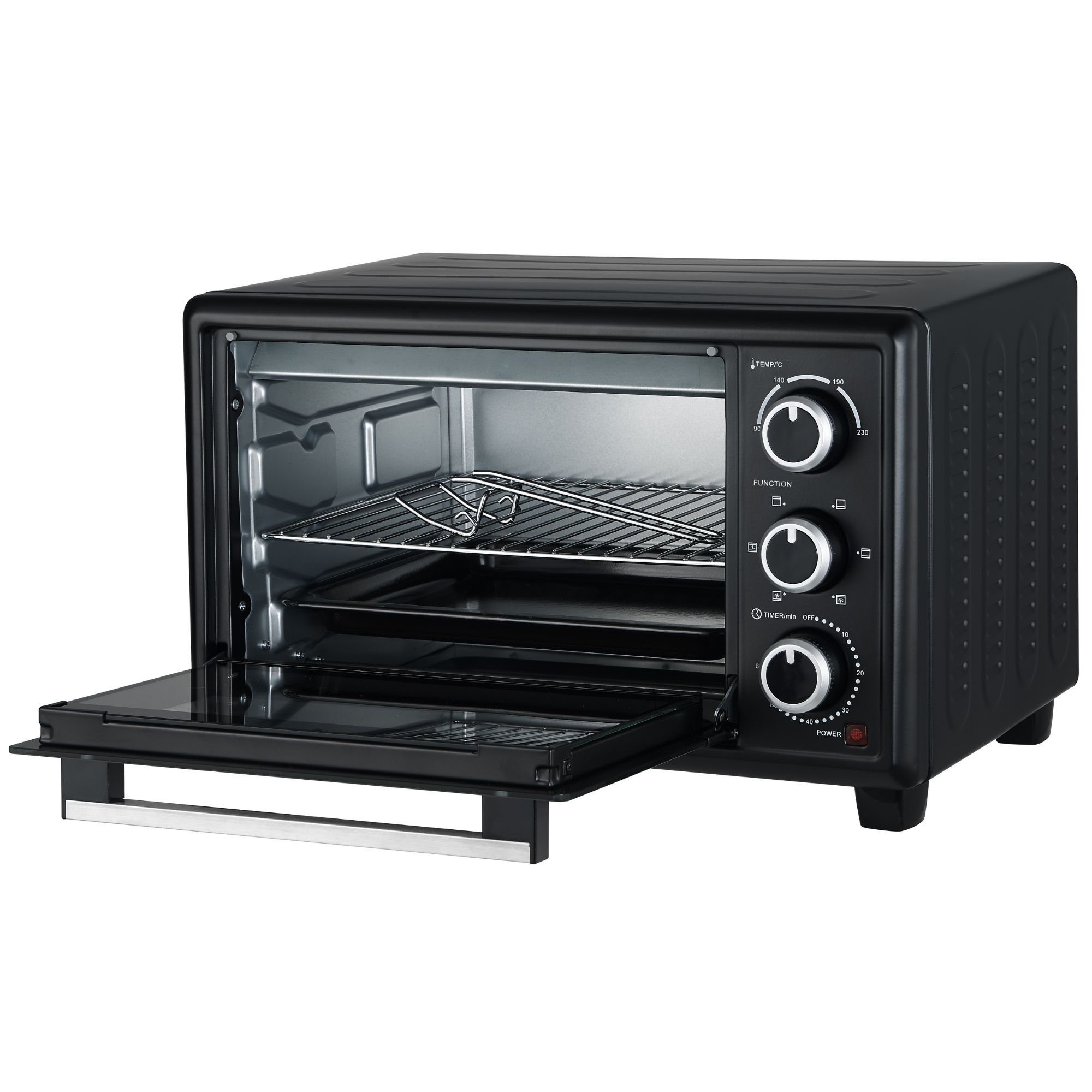optimumX Minibackofen 20 Liter Klein Minibackofen, Umluft, 1380W, 6 Kochfunktion, 90°-230°C, 60 Min Timer, Pizza-Ofen, 1380 W, Schwarz