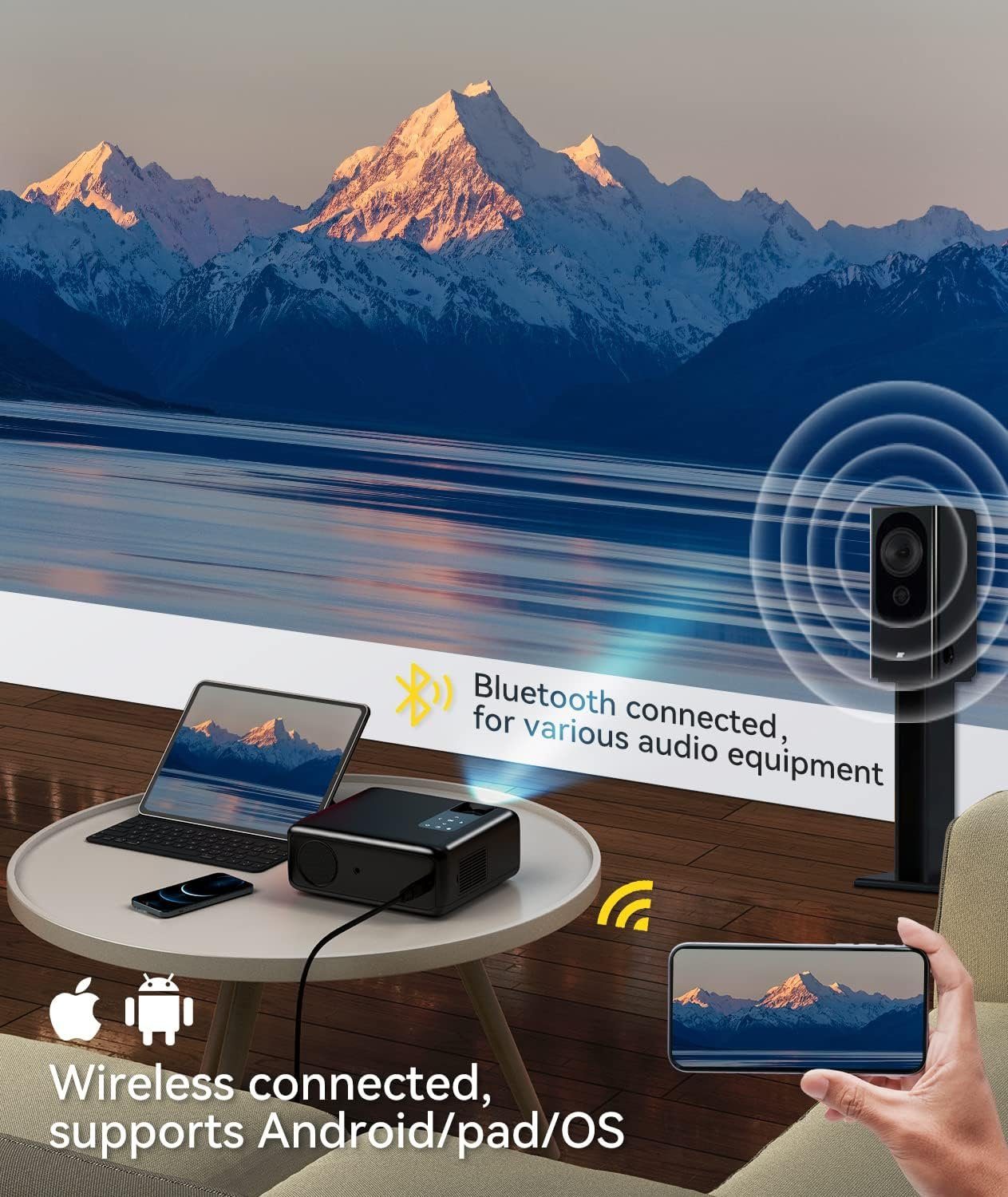 Diyarts LED-Beamer (10000:1, 1920 x 1080 px, 9500 Lumen 4K 1080P Projektor mit Drahtlos- & Bluetooth-Technologie)