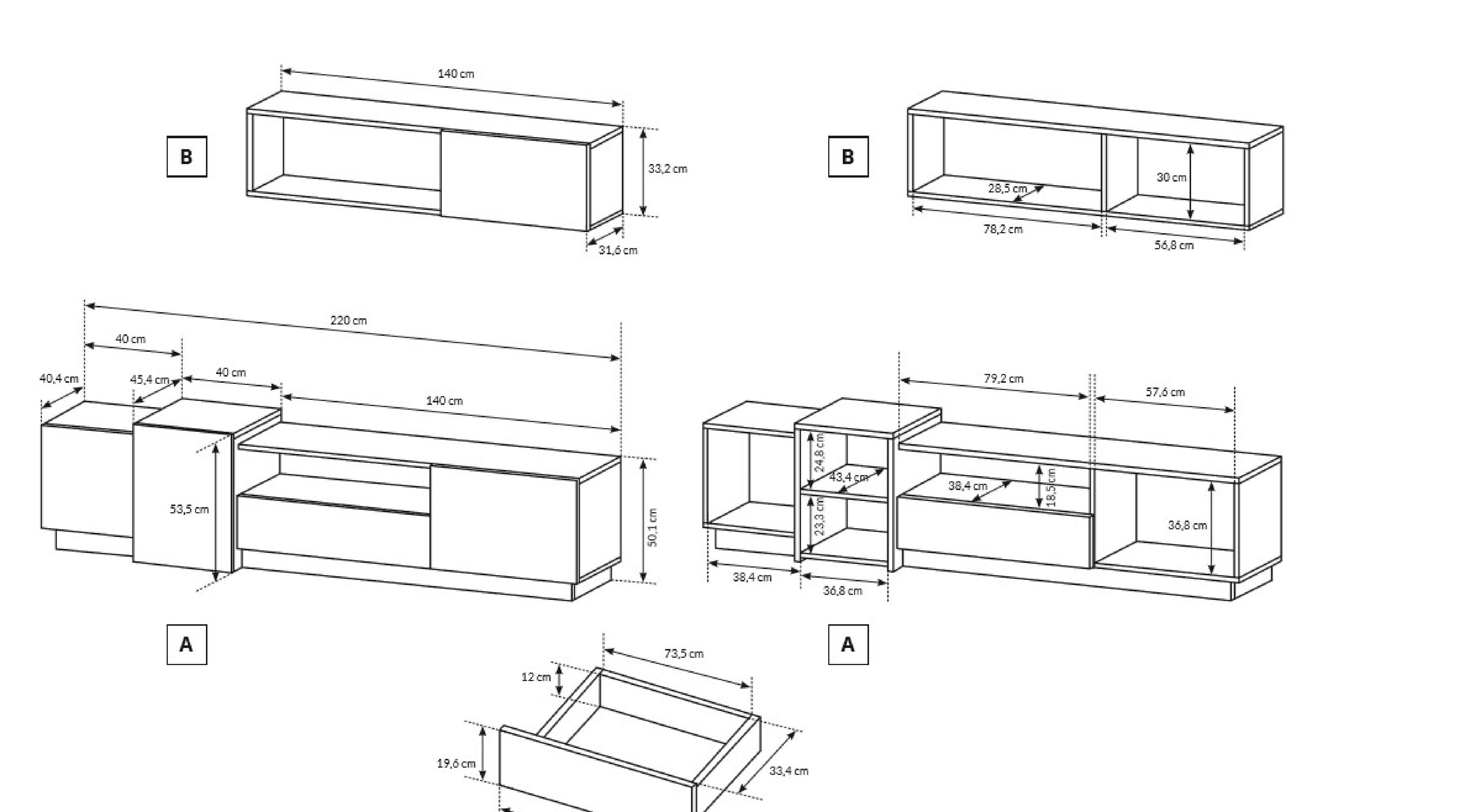 Furnix Wohnwand GLANCI Mediawand Möbel-Set 4-teilig weiß, (Komplett-Set, besteht aus TV Schrank, Wandregal, 2 Hängeschränken und einer Kommode), pflegeleicht, Gesamt: B330 x H133,5 x T45 cm