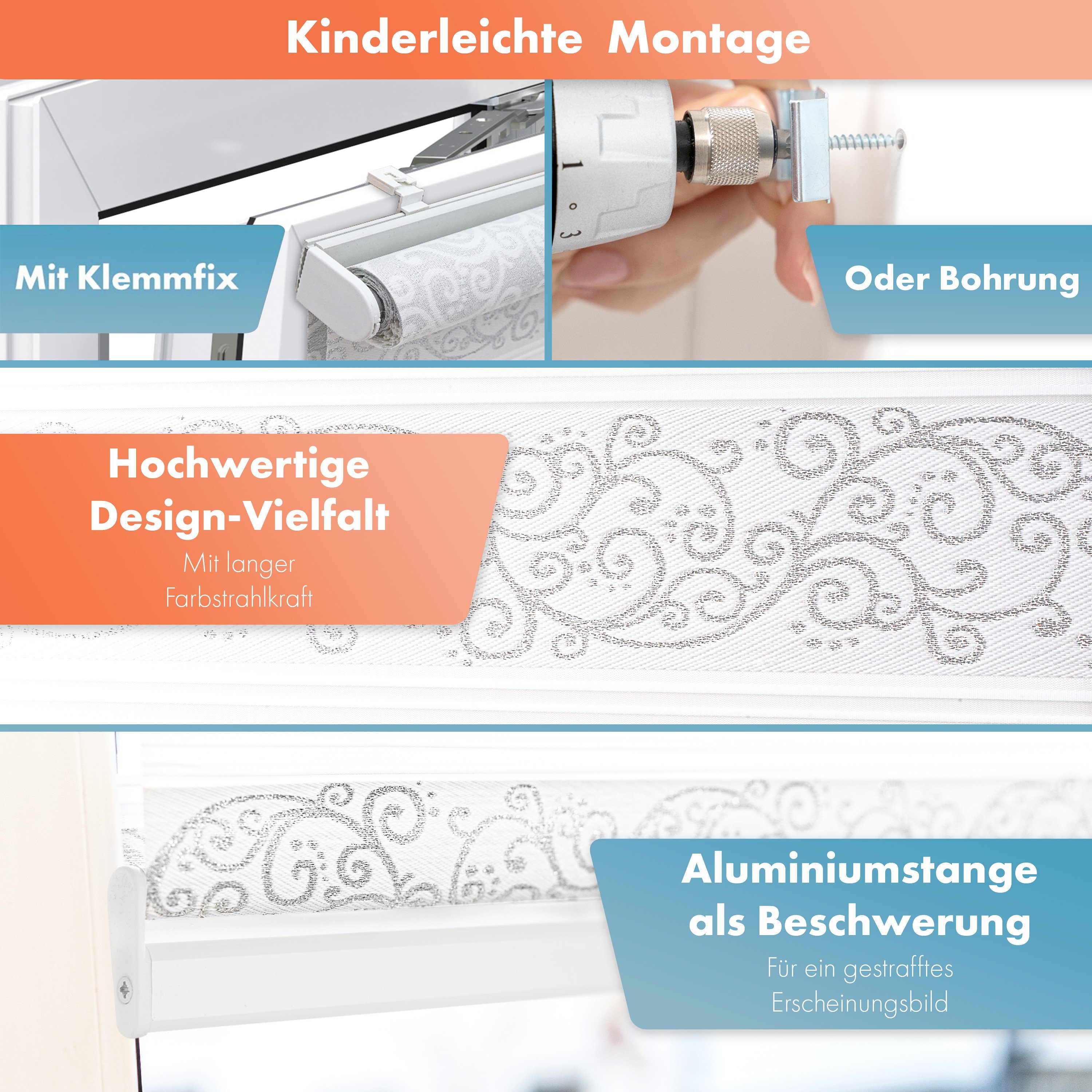 Doppelrollo ohne Bohren, Doppelrollo für Fenster mit Muster, Bailena, Lichtschutz, ohne Bohren, freihängend, Klemmfix, Duo Rollos mit Perlen, glitzernd, Ranken Blumen Motiv