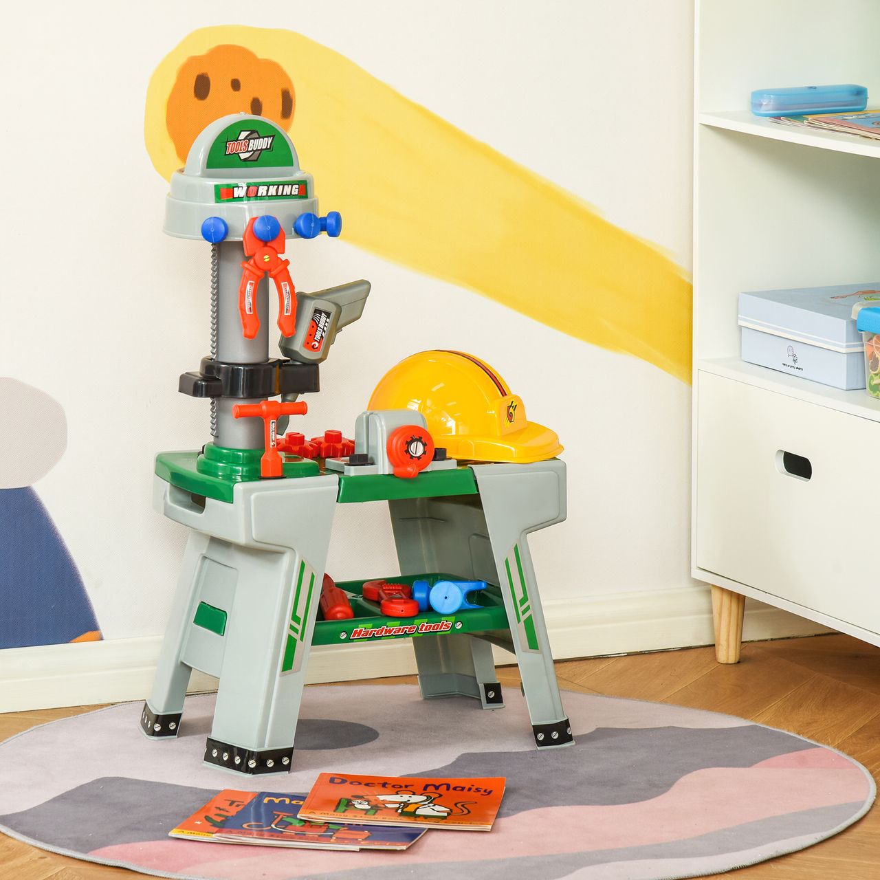 HOMCOM Kinder Werkbank Arbeitstisch Werkbanktisch mit 37 Zubehören Rollenspiel Spielzeug für Kinder von 3 bis 6 Jahren PP-kunststoff Grün Grau 44 x 26 x 71 cm