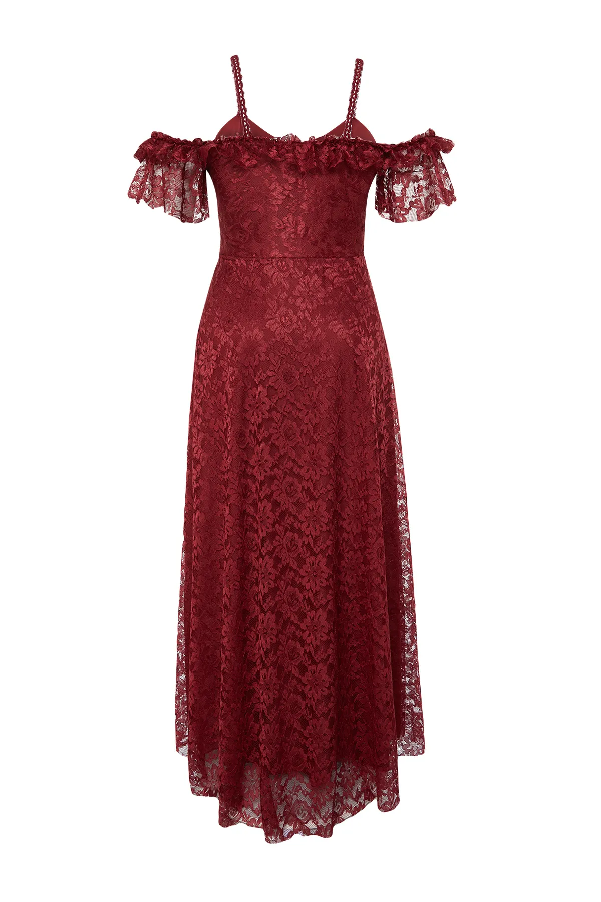 Trendyol Curve  Burgunderrotes A-Linien-Maxi-Abendkleid mit Trägern in Übergröße TBBAW23AH00187