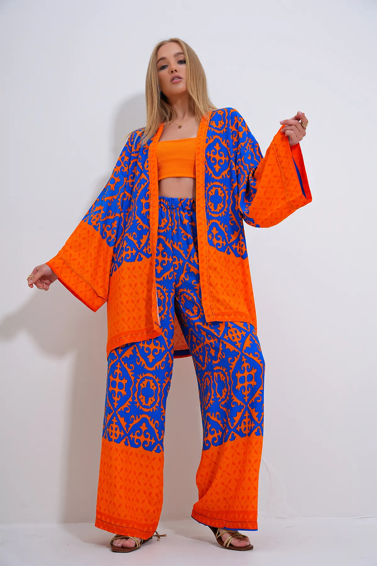 Trend Alaçatı Stili  Saks Orange Kimono und Palazzo-Hosen-Set - ALC-X11751