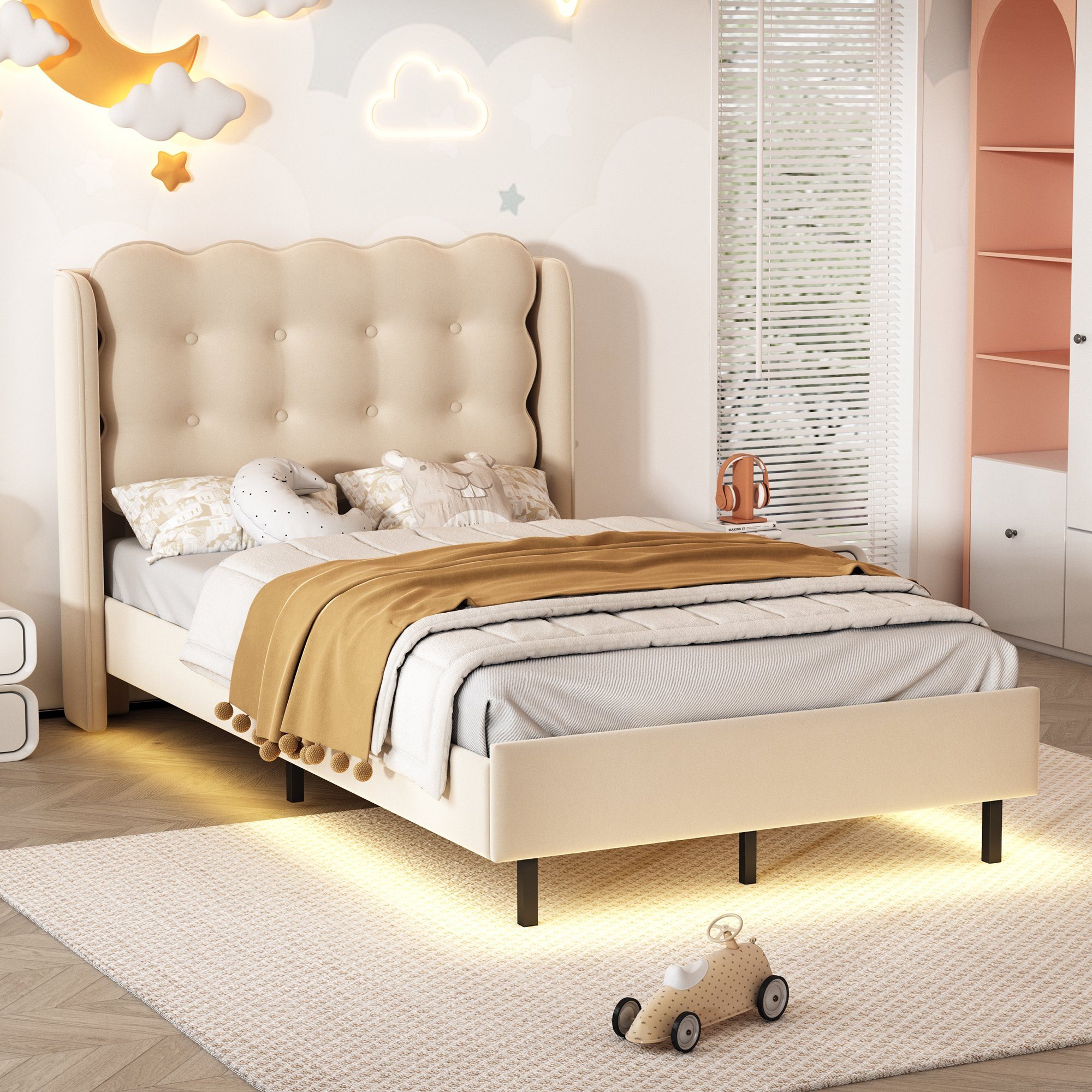 Flieks Polsterbett, Kinderbett Einzelbett mit warmgelben Lichtstreifen 90x200cm Samt