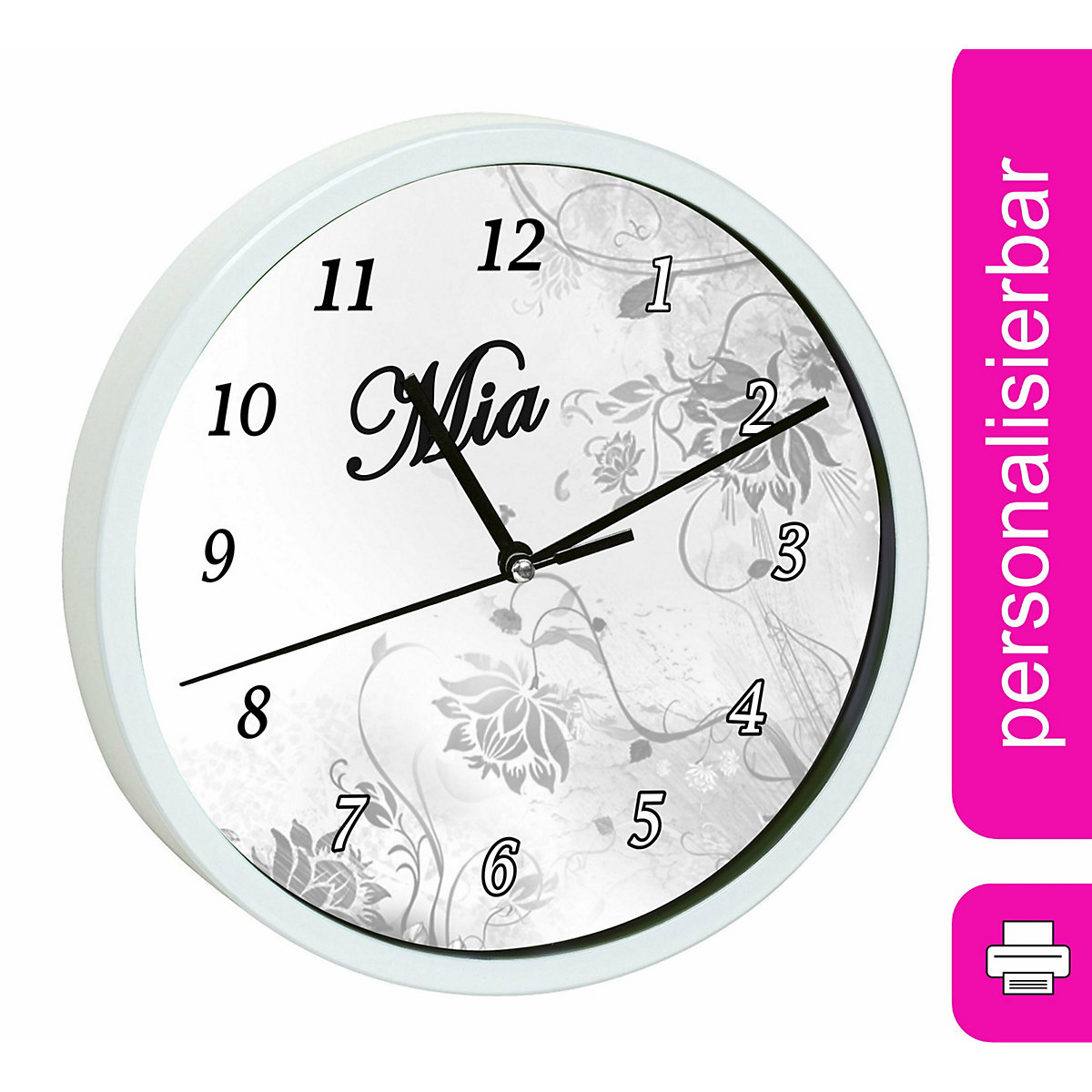 Kinder Wanduhr personalisiert mit Name Blumenranke Grau