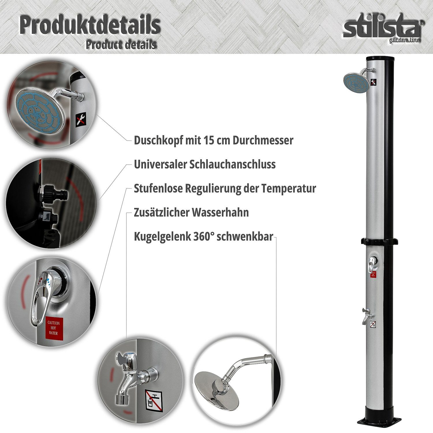 STILISTA Solardusche Gartendusche Pooldusche Außendusche Campingdusche, 35 Liter, Regenduschkopf, Wasserhahn, Modell u. Farbwahl