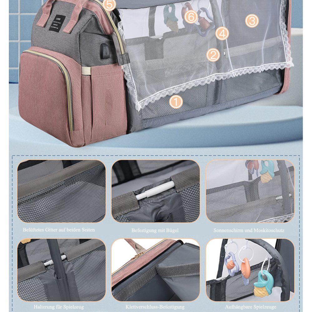 NUODWELL Wickeltasche Baby Wickeltasche Rucksack,mit Moskitonetz und USB-Ladeanschluss