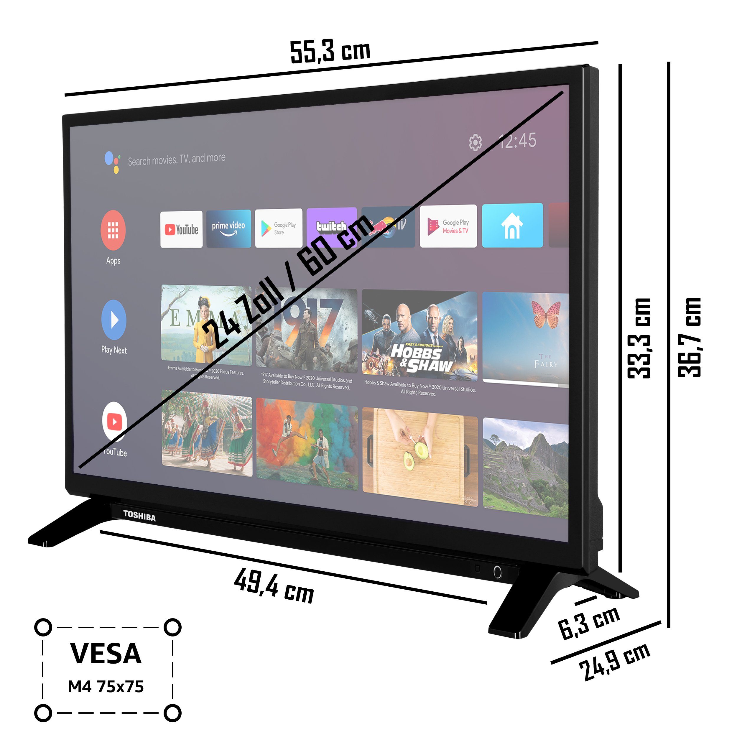 Toshiba 24WA2063DAX/2 LCD-LED Fernseher (60 cm/24 Zoll, HD-ready, Android TV, Triple-Tuner, Play Store, Google Assistant, Bluetooth)