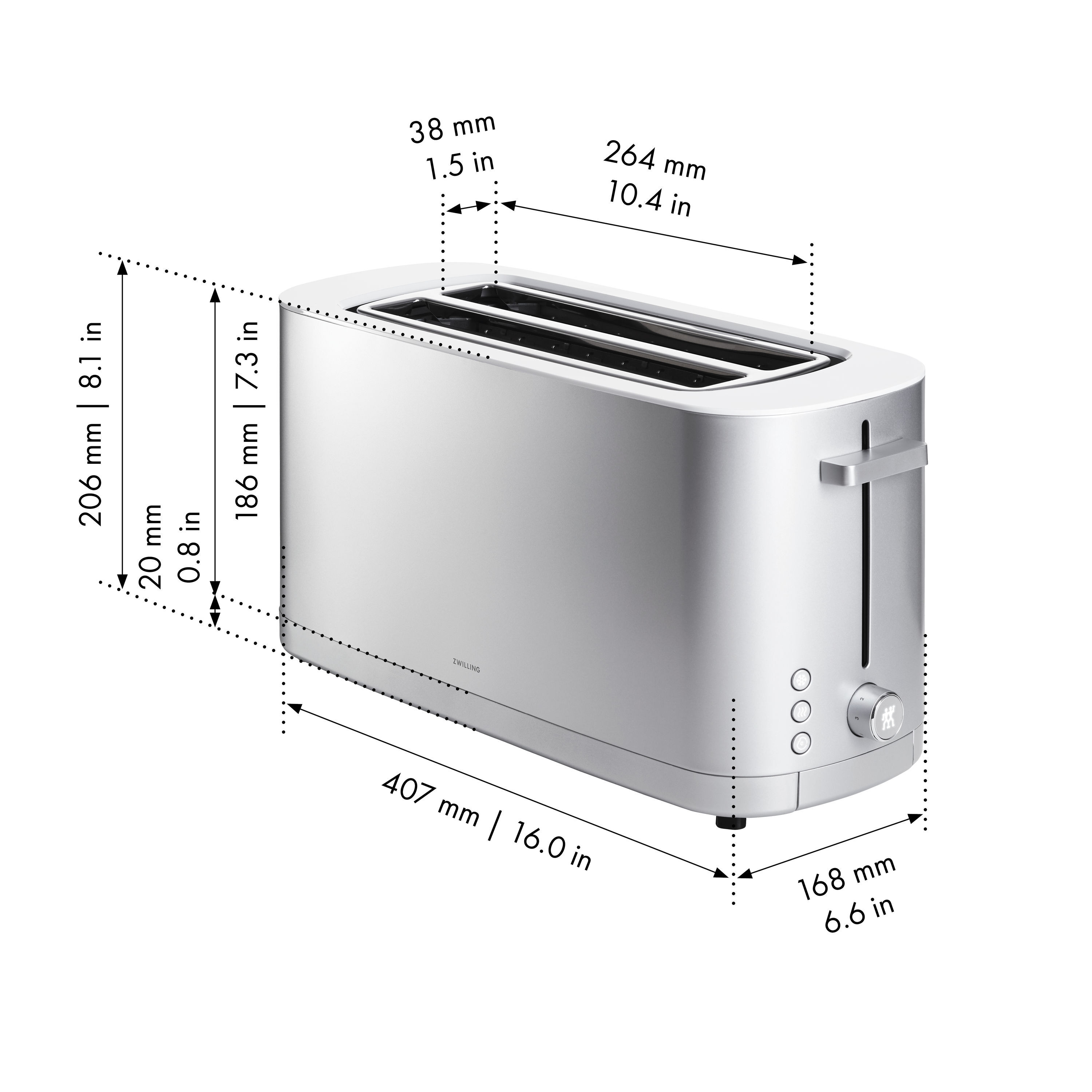 Toaster mit Brötchenaufsatz, 2 Schlitze lang, Silber