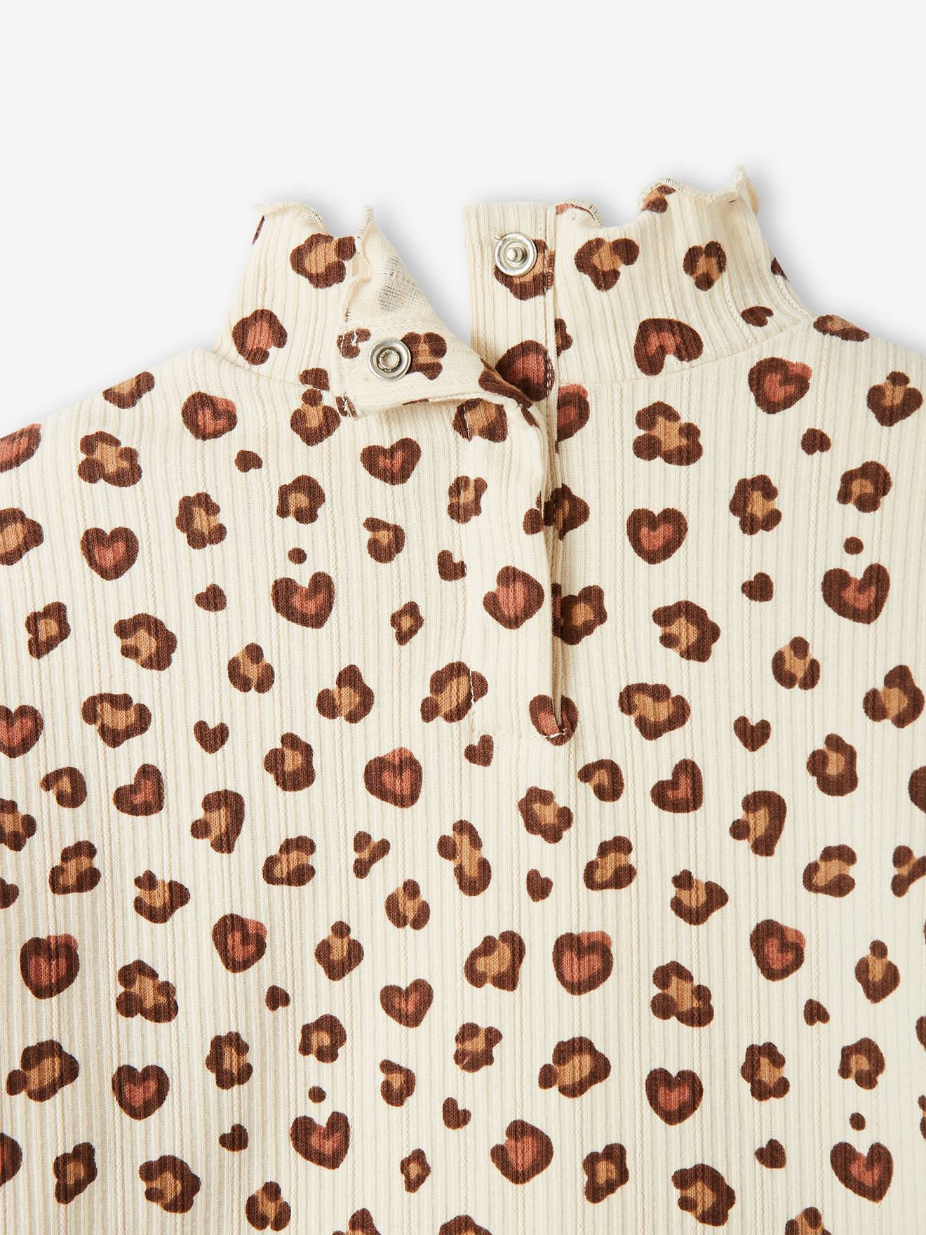 T-shirt col montant en maille côtelée fille manches volantées ocre