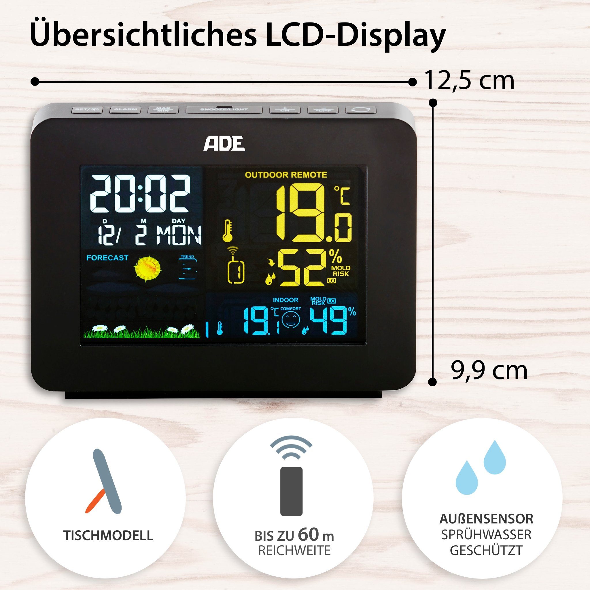 ADE Wetterstation Funk mit Außensensor, mit Vorhersage Funkwetterstation (mit Außensensor, mit animierter Wettervorhersage, Innen- und Außenhygrometer)
