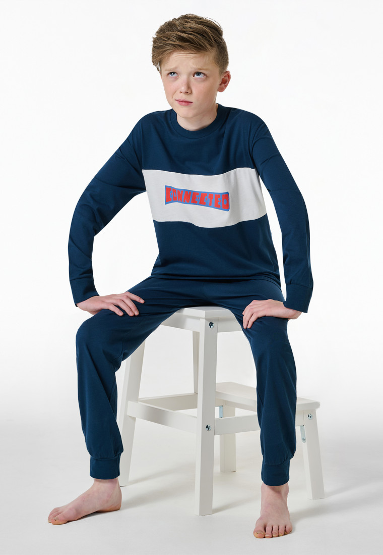 Schlafanzug lang Motivdruck blau - Nightwear