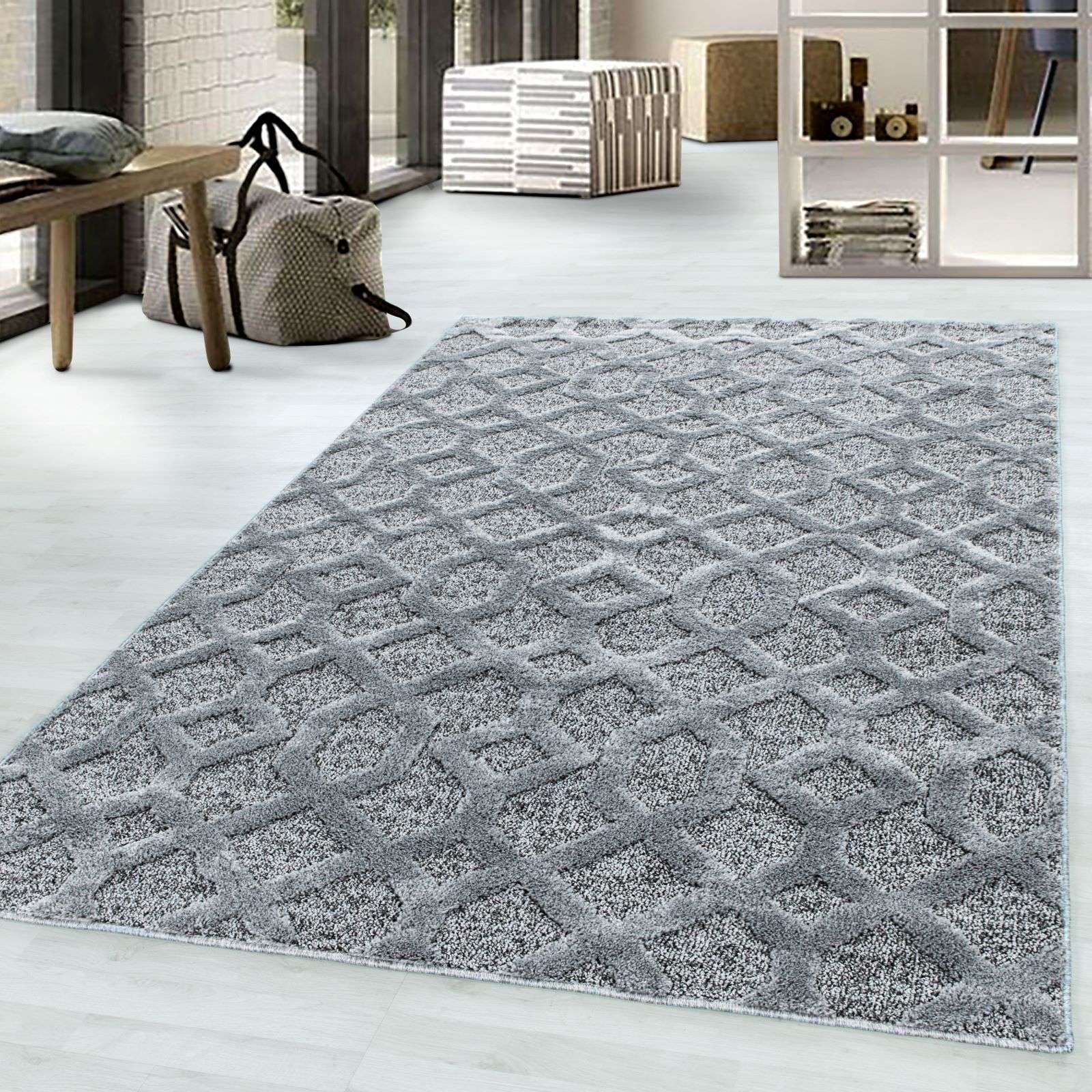 Designteppich Designerteppich Tokio hoch-tief Struktur Gitter grau, TaraCarpet, rechteckig, Höhe: 20 mm, moderner scandi boho Gitter grau Wohnzimmer Schlafzimmer Flur 080x150