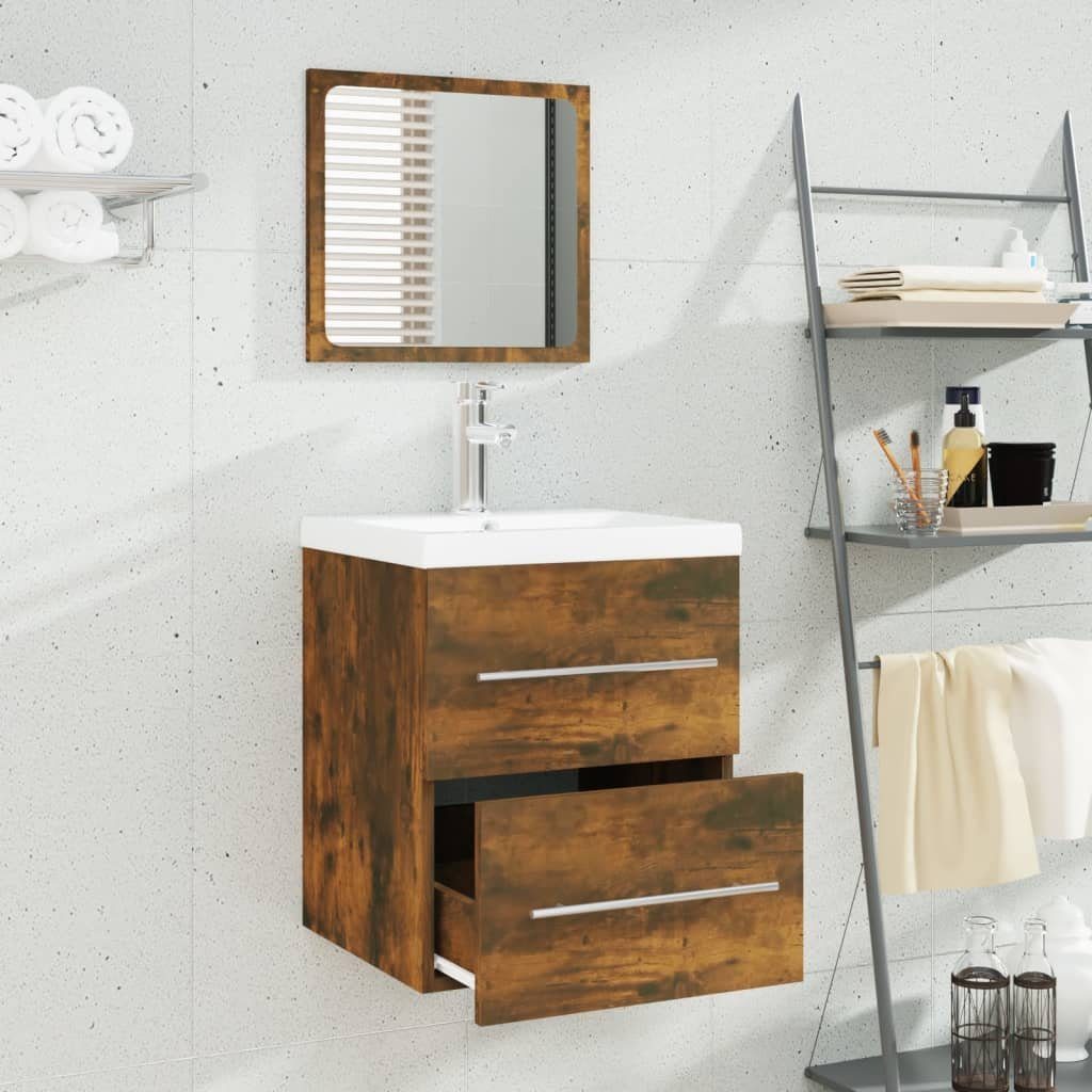 vidaXL Badezimmerspiegelschrank Waschbeckenschrank mit Einbaubecken Räuchereiche Holzwerkstoff (2-St)