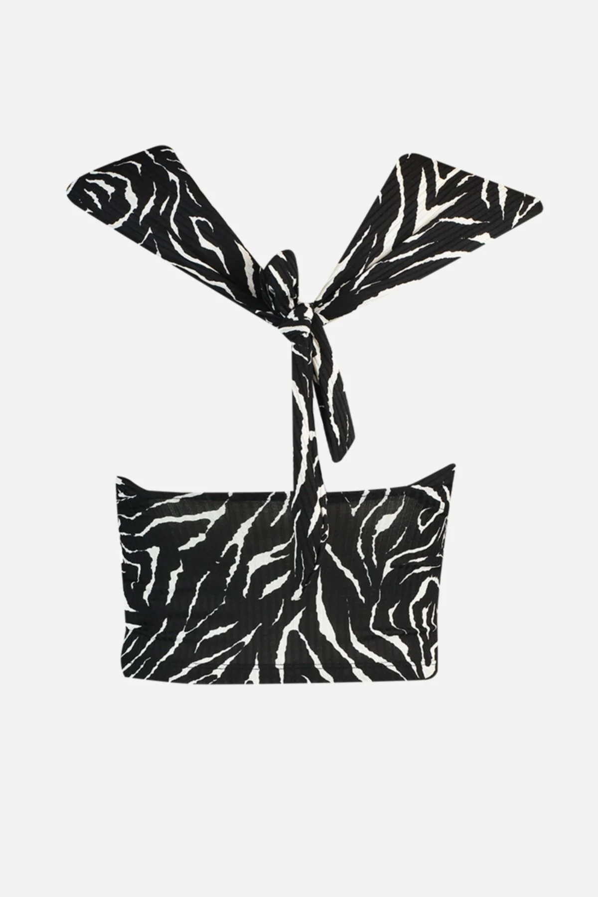 Trendyol Collection  Schwarze bedruckte, eng anliegende, dehnbare Strickbluse mit Neckholder und Neckholder TWOSS22BZ0703
