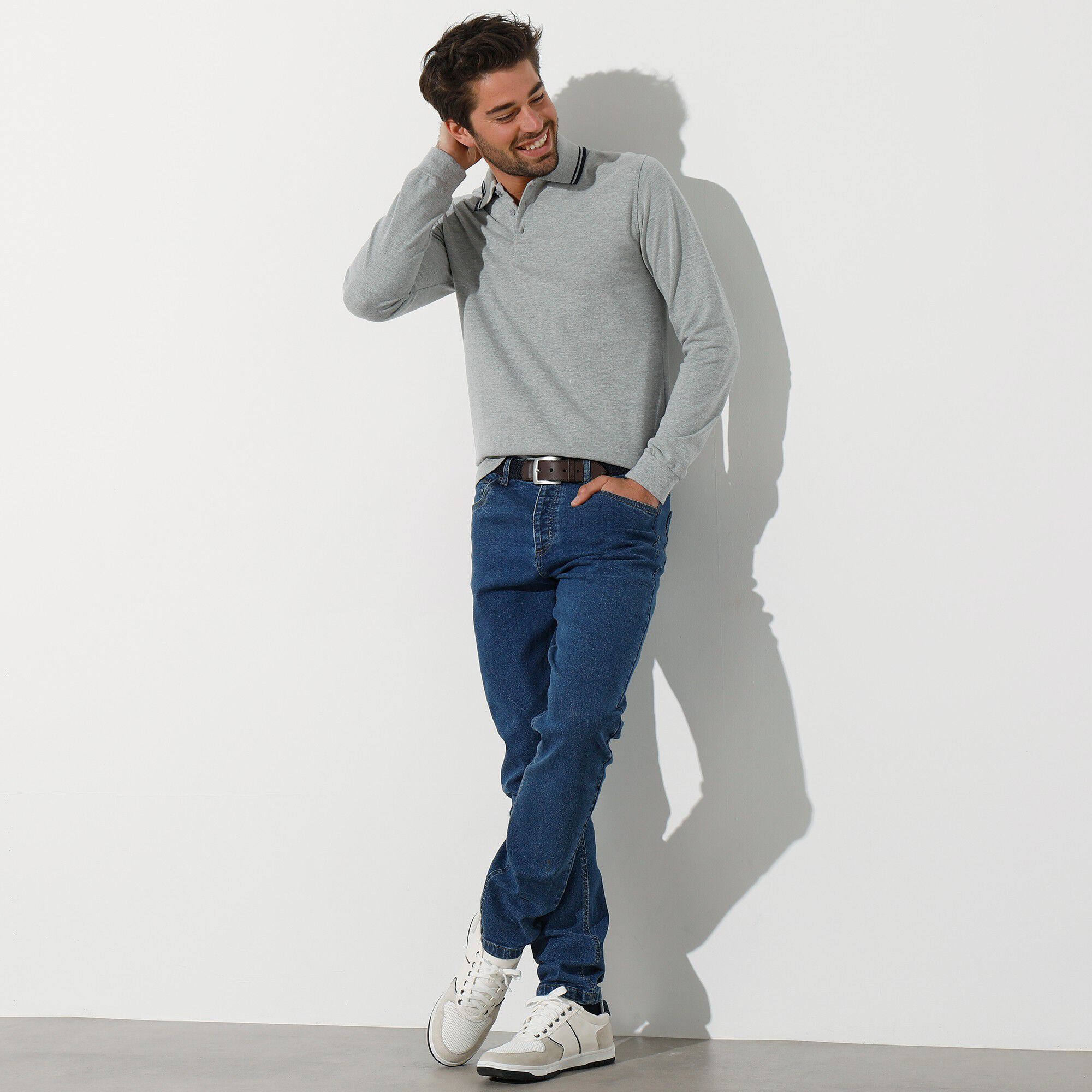Polo uni maille piquée manches longues
