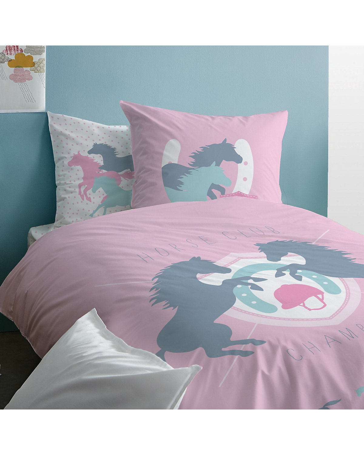Kinder-Bettwäsche Mädchen Pferde, Flanell Biber, 135 x 200 cm + 80 x 80 cm