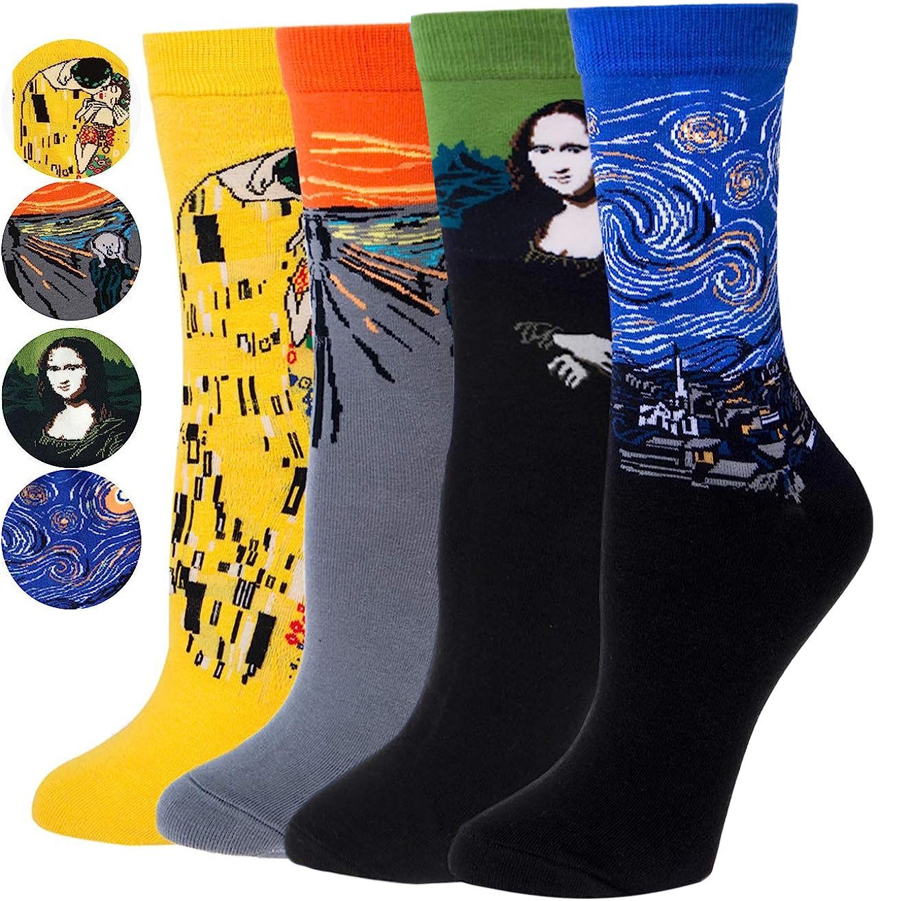 Alster Herz Freizeitsocken 4x Bunte lustige Socken Damen Herren, 38-43, Baumwolle, A0465 (4-Paar) berühmte Motive der Malerei