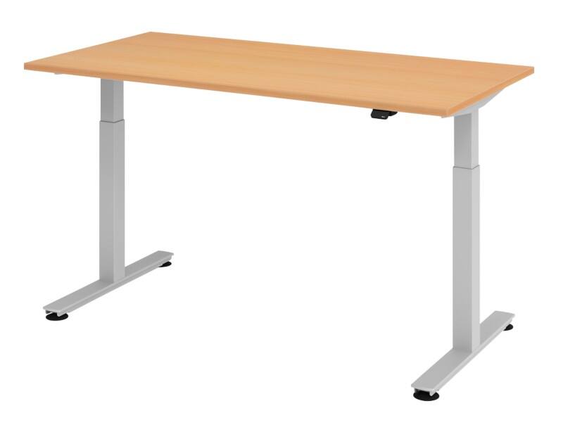 Hammerbacher Elektrisch Höhenverstellbarer Sitz-Stehschreibtisch Buche Melamin Silberner T-Fuß 1.600 x 800 x 650 mm Mit Aufbau