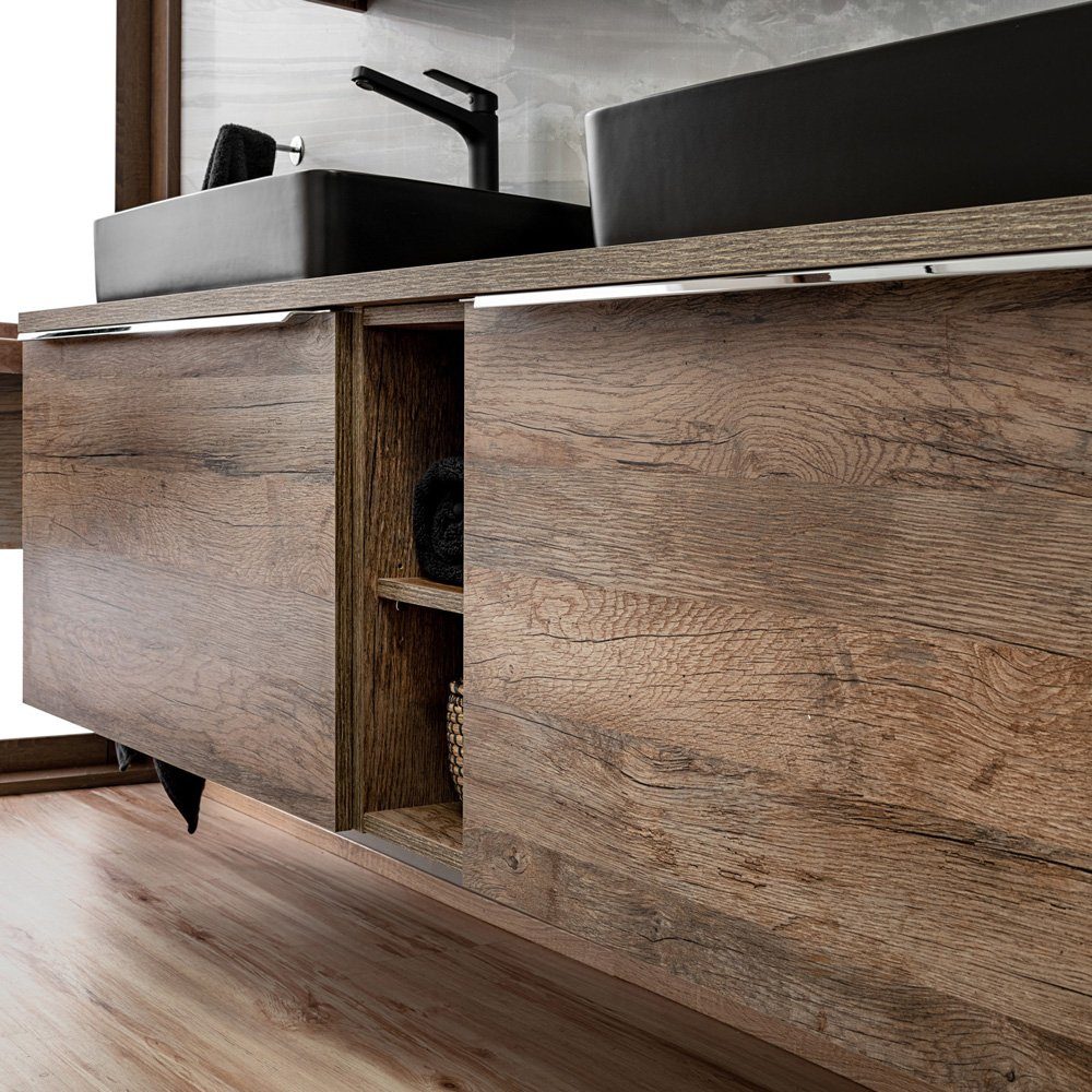 Lomadox Badmöbel-Set PUEBLA-56, (8-St), Oak Eiche Doppelwaschtisch Keramik-Waschbecken LED-Spiegel Hochschrank