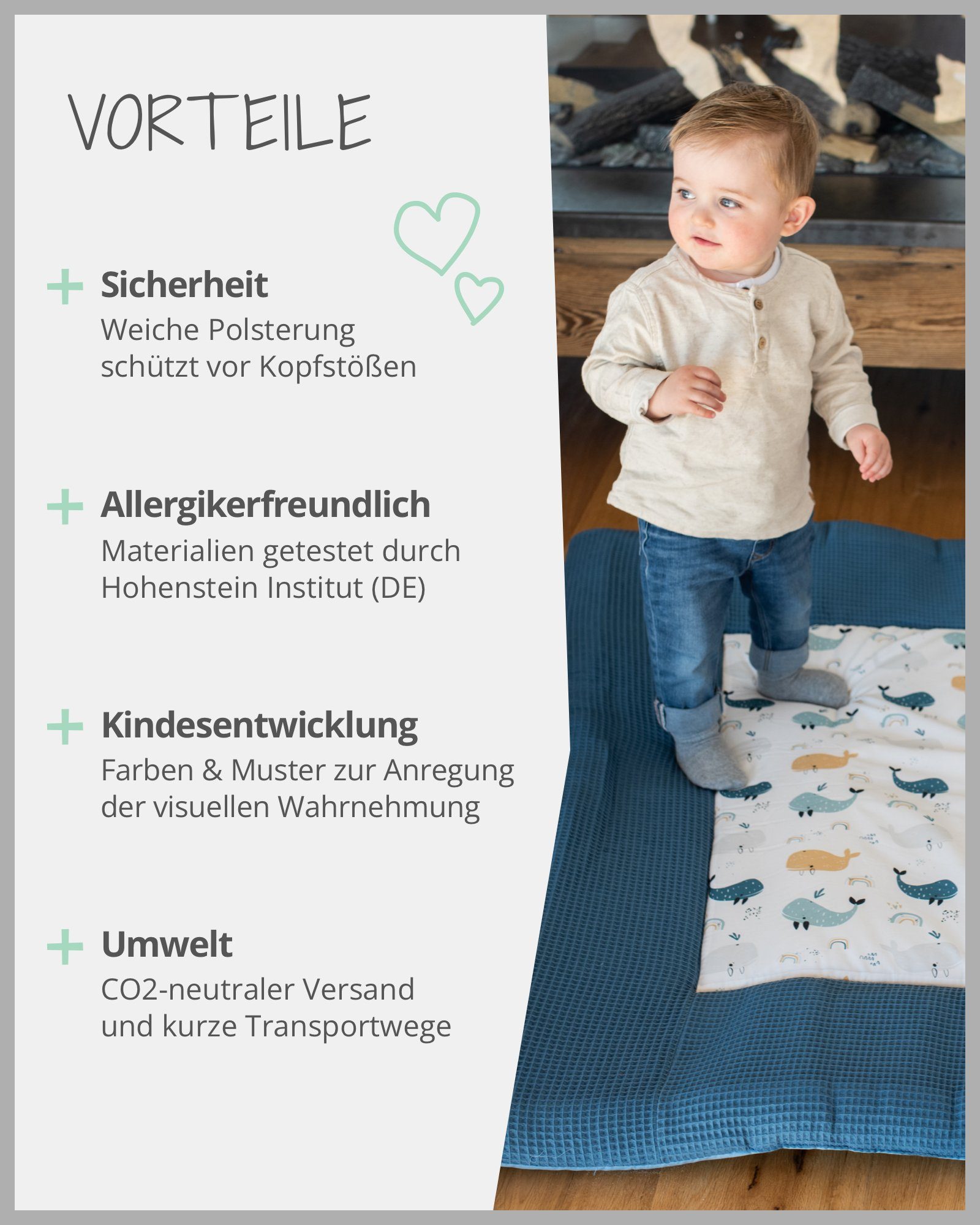 Krabbeldecke Krabbeldecke Babys 100x100 cm, Blau Wale (Made in EU), ULLENBOOM ®, Dick gepolstert, Außenstoff 100% Baumwolle, in verschiedenen Größen