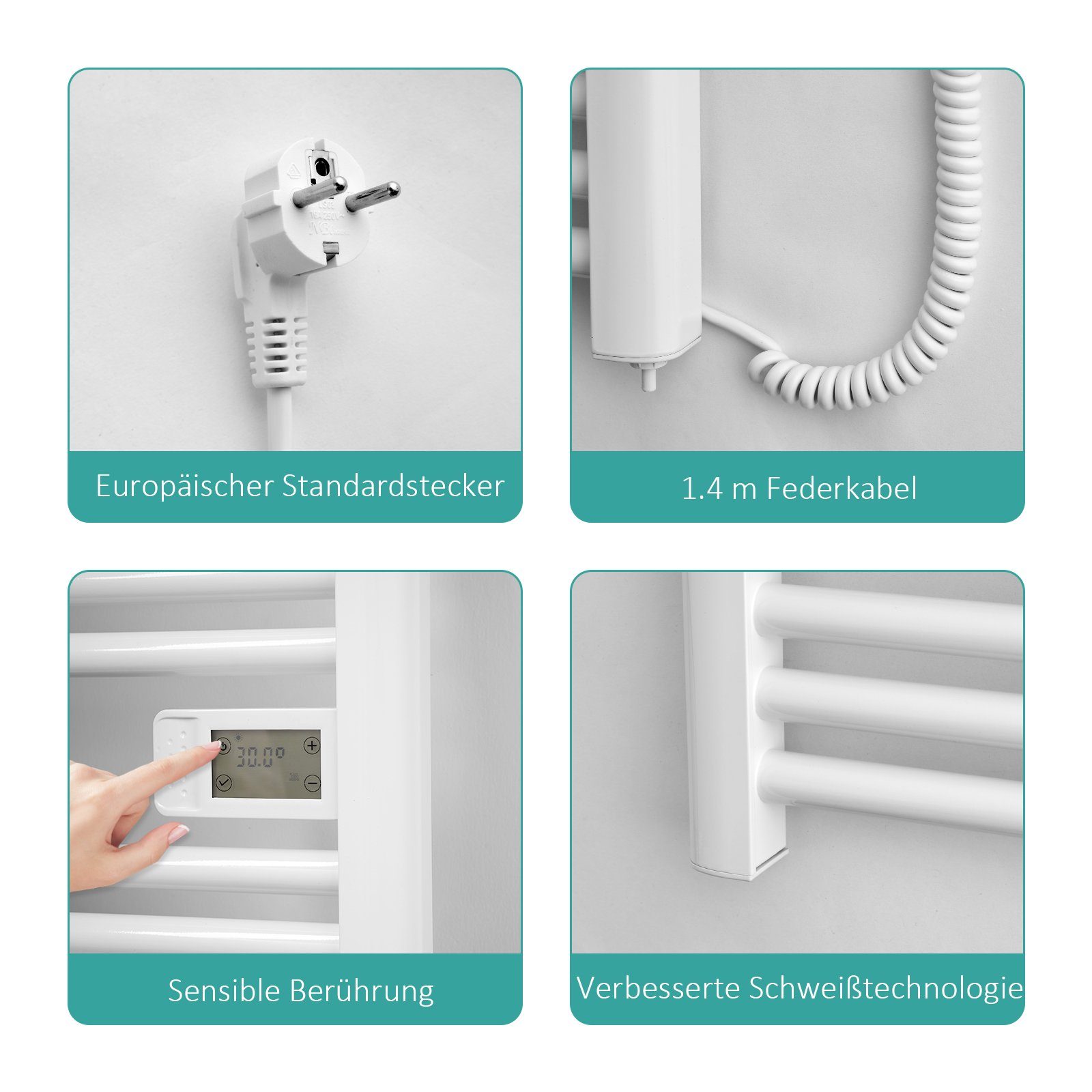 EMKE Elektrischer Badheizkörper Elektrisch mit Intelligenten Thermostat Gerade mit Seitenanschluss, Handtuchwärmer aus Aluminium Handtuchtrockner mit Heizstab
