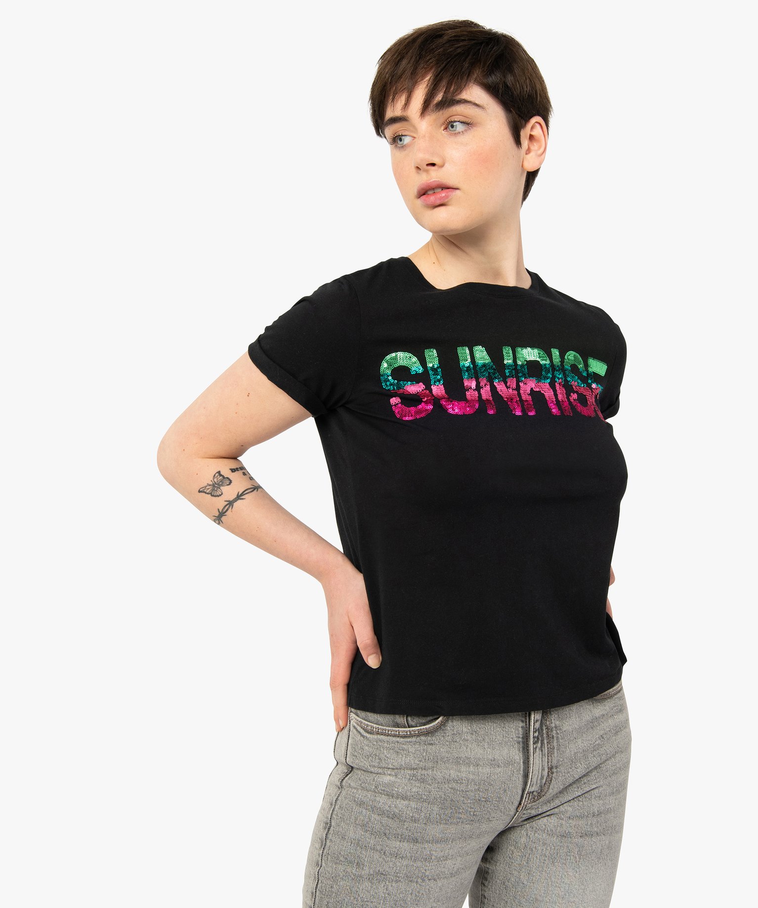 Tee-shirt femme à manches courtes avec inscription en sequins noir | GEMO