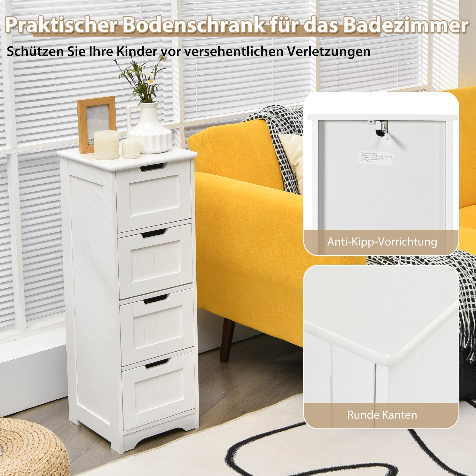 COSTWAY Badkommode, Badezimmerschrank mit 4 Schubladen, 30 x 30 x 83 cm, Weiß