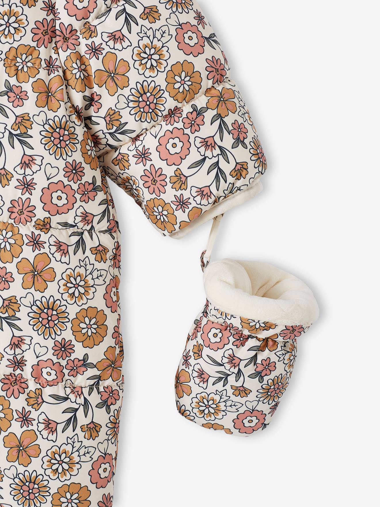 Vertbaudet Baby Winter-Overall mit Fleecefutter, geblümt - hellbeige bedruckt