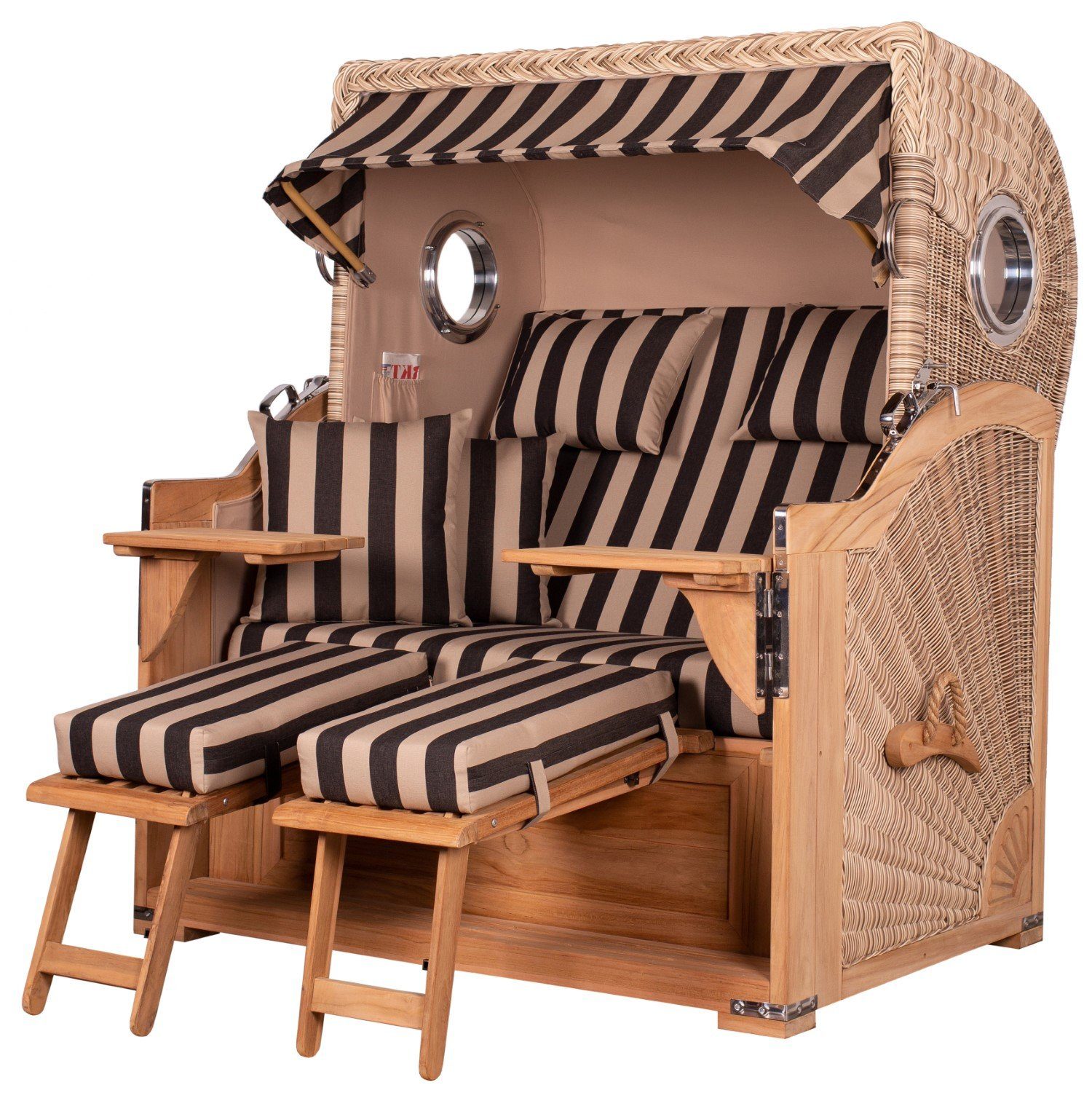 bene living Strandkorb Königssee 2,5-Sitzer Teak - PE shell - Modell 581, BxTxH: 142x95x170 cm, Volllieger ca. 175 Grad, Ostsee-Strandkorb Komplettset, inkl. Liftersystem und Bullaugen