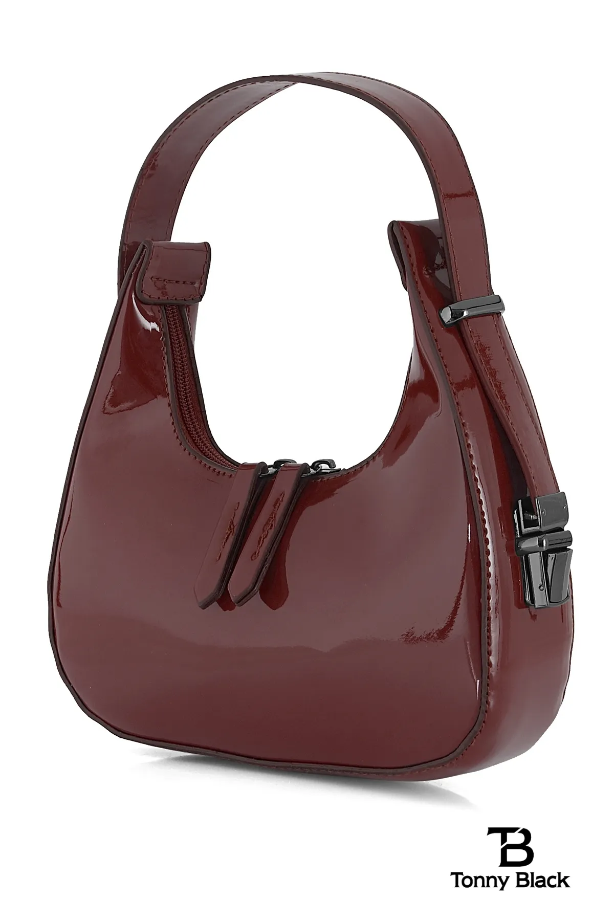 Tonny Black  Original Neue Saison Kirschrot Glänzendes Lackleder Baguette Modell Einäugig Stilvolle Handtasche und Schultertasche Weinrot