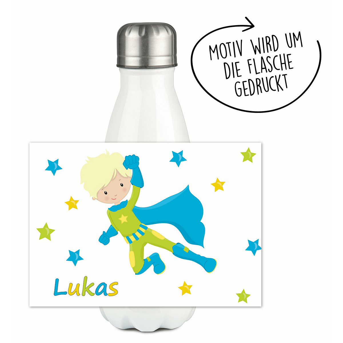 Edelstahl Kinder Thermoflasche / Trinkflasche bunt Superheld Spülmaschinenfest, Auslaufsicher, Bruchfest, Doppelwandig, Für Heißgetränke geeignet, Mit Deckel, Isoliert