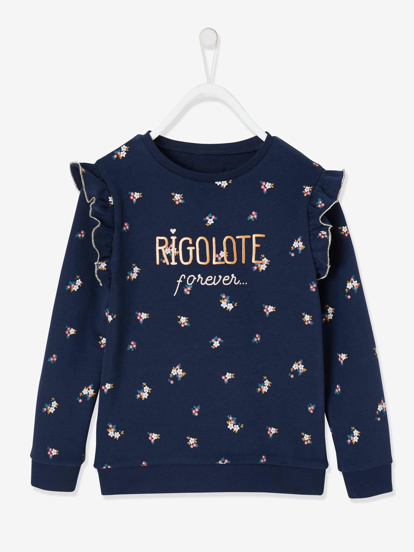 Sweat à volants fille détails fantaisie beige imprimé