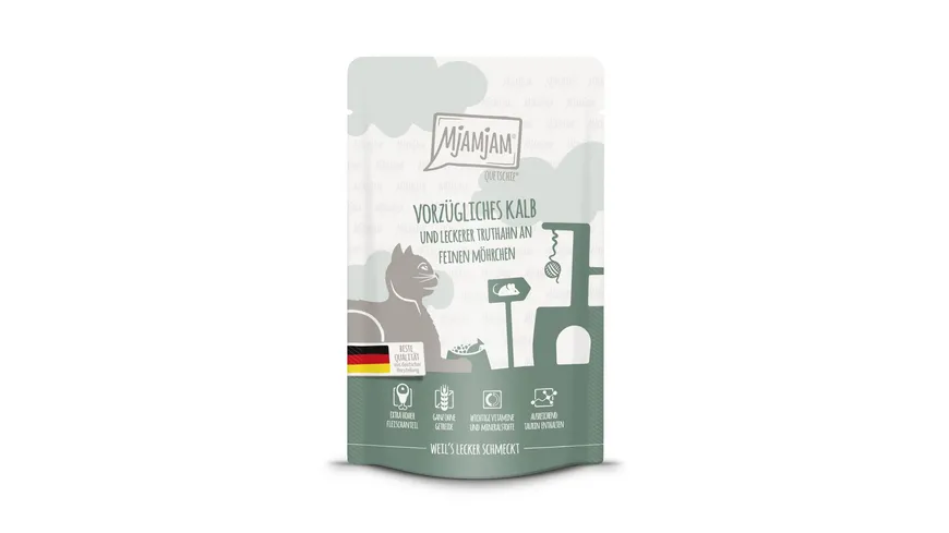 MjAMjAM Katzennassfutter Quetschie vorzügliches Kalb & leckerer Truthahn an feinen Möhrchen 125 g