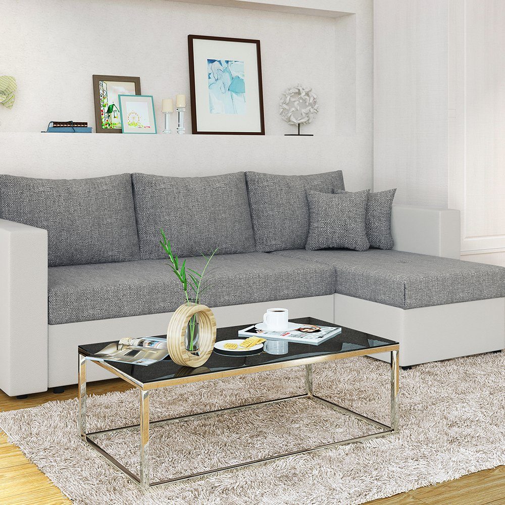 Vicco Ecksofa Sofa Couch Schlafsofa mit Schlaffunktion Weiß/Grau, mit Bettfunktion