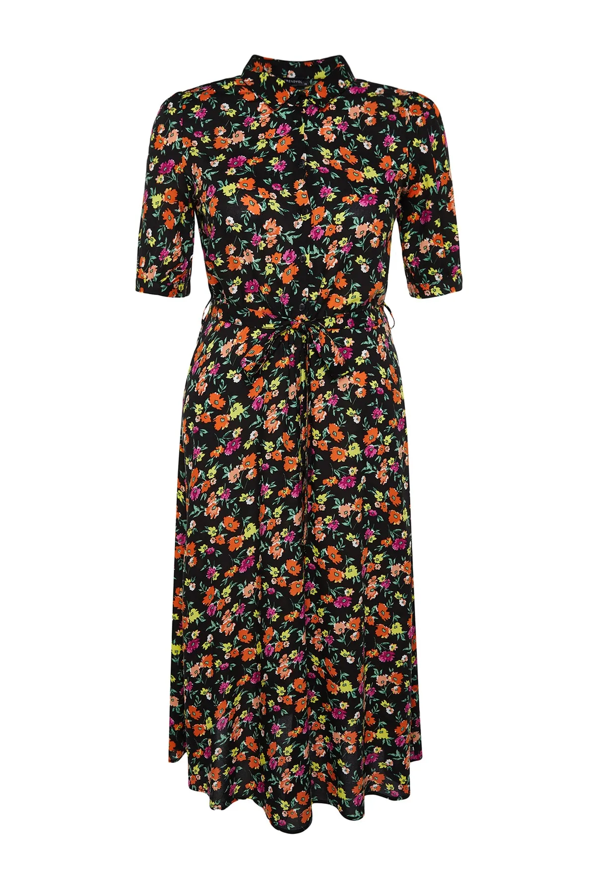 Trendyol Curve  Schwarzes gewebtes Hemdblusenkleid mit Blumengürtel TBBSS22EL1607
