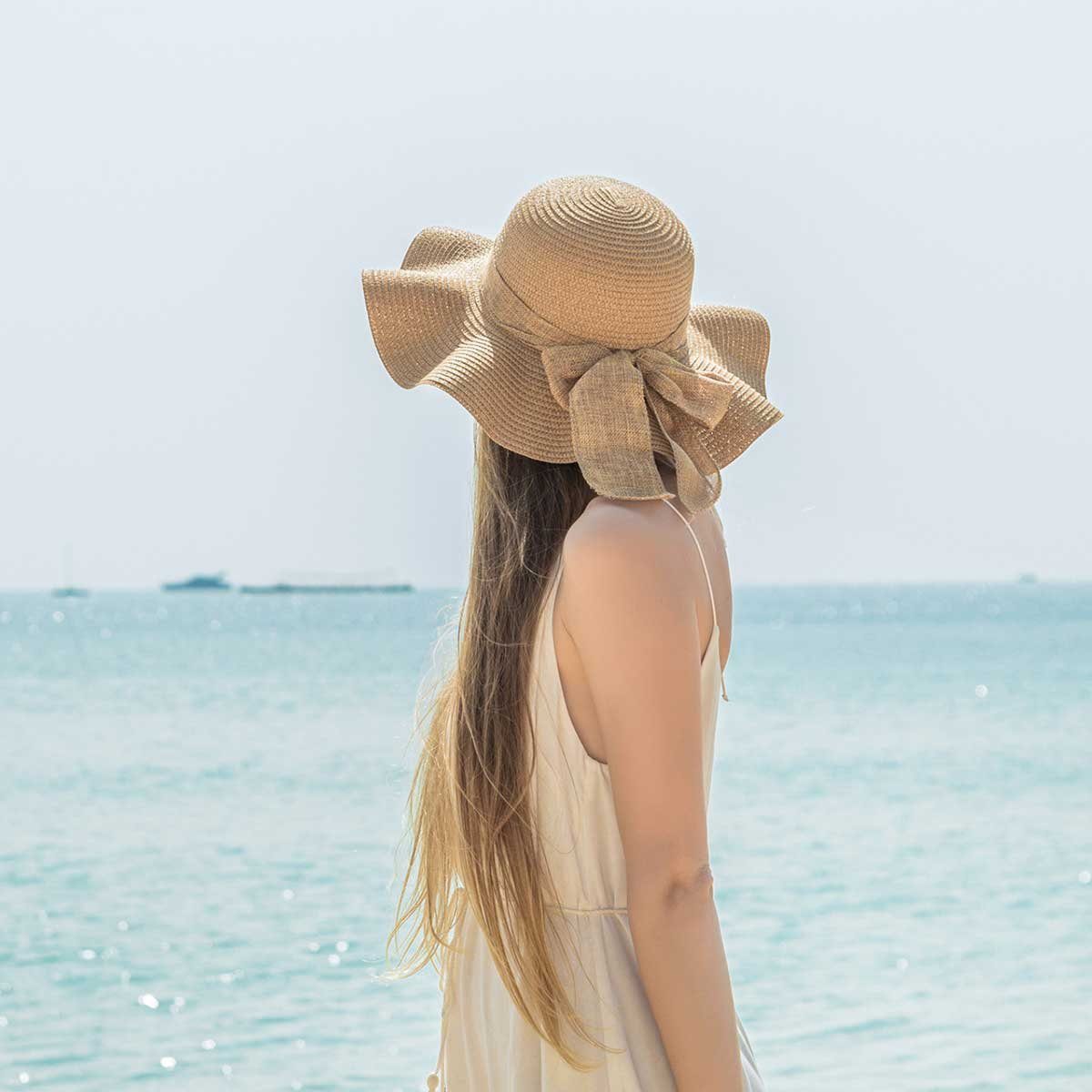 Vivi Idee Strohhut Sonnenhut Sommerhut Strandhut Straw hat, Damen faltbar, Einheitgröße wellenförmiger Rand
