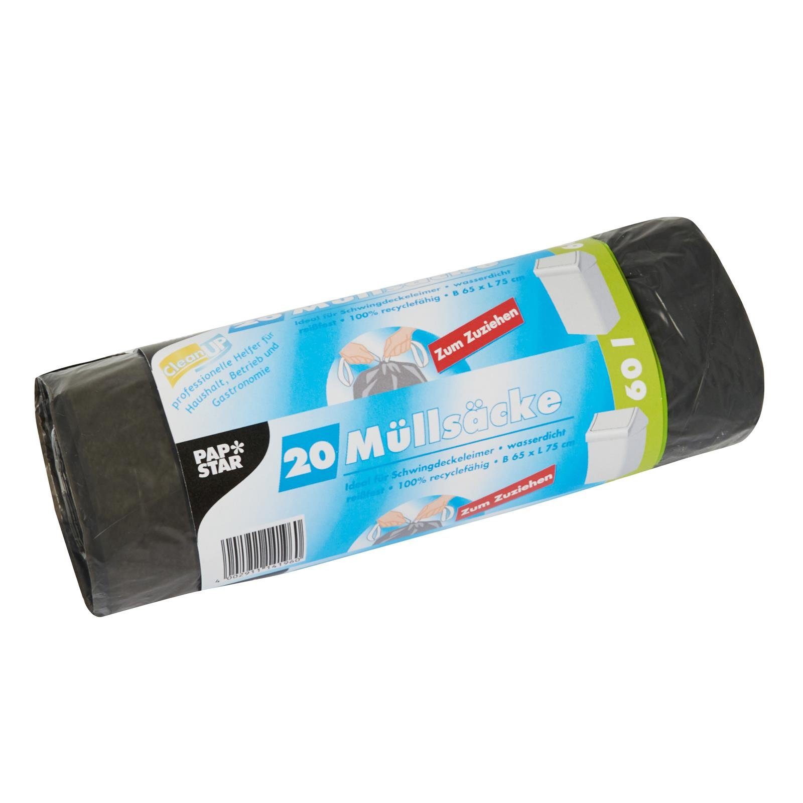 PAPSTAR Müllbeutel 20 Müllsäcke mit Zugband, LDPE 60 l 75 cm x 65 cm grau